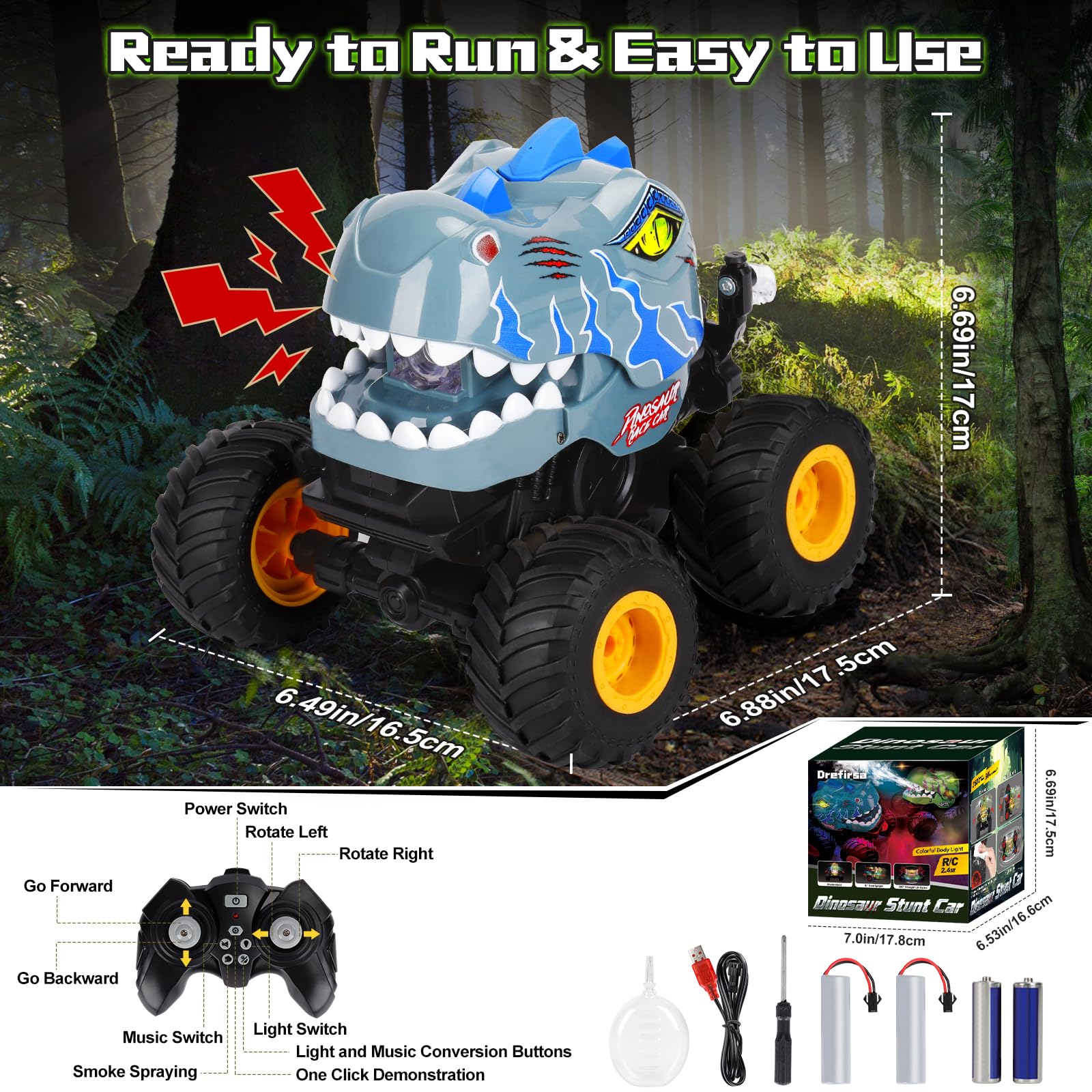 Drefirsa Dinosaur Remote Control Car for Kids Ages 3-5 6-12, Remote Control Monster Truck with Spray, Light, 360° Rolling&90° Driving, All Terrain Dinosaur Toy for Boys Birthday Gift