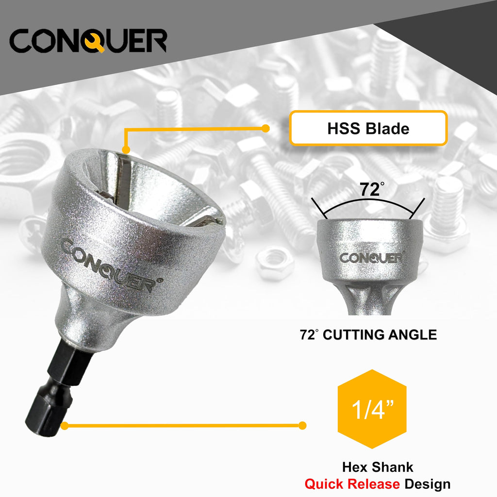 CONQUER Tools Deburring External Chamfer Tool, Premium Tungsten Blade, Deburring Drill Bit, Remove Burr Tools Quick Release Shank Fits for 1/2"-1 3/8"(13mm-35mm) Stainless Steel Burr Removal