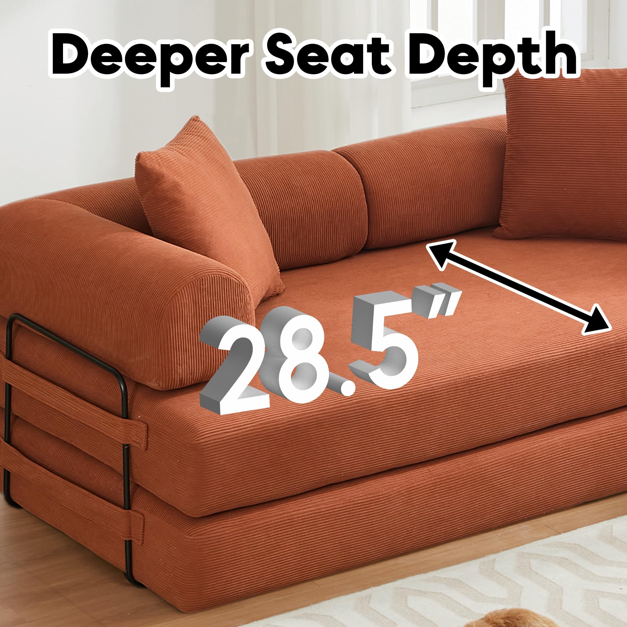 ZEIINPA 59“ Convertible Floor Sofa Bed, 5-in-1 Futon Sofa Bed Pull Out Sleeper Couch, Modern Corduroy Compressed Loveseat, Modular Boneless Couches for Living Room, No Assembly Required, Beige