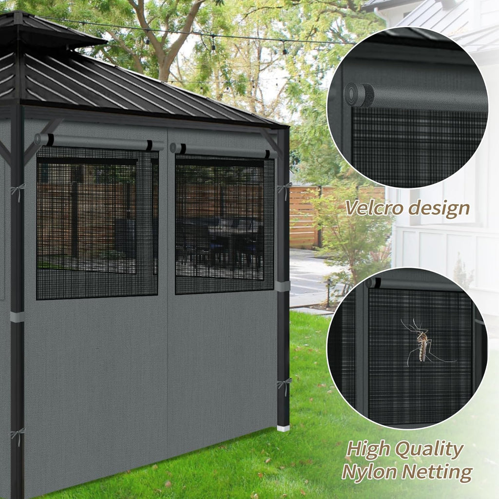 Gazebo Privacy Curtains 10' x 10' with Mosquito Windows, 4-Panels Side Wall with Zipper Universal Replacement for Patio, Outdoor Canopy, Garden and Backyard, Gray (Curtain Only)