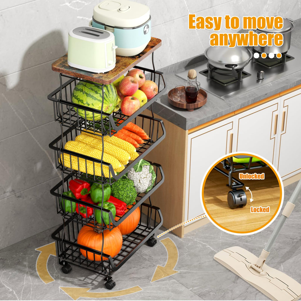 Gsiekare Fruit Vegetable Basket for Kitchen, 4 Tier Stackable Fruit Vegetable Storage Baskets with Wheels, Metal Wire Storage Basket Organizer Baskets for Kitchen, Pantry, Bathroom