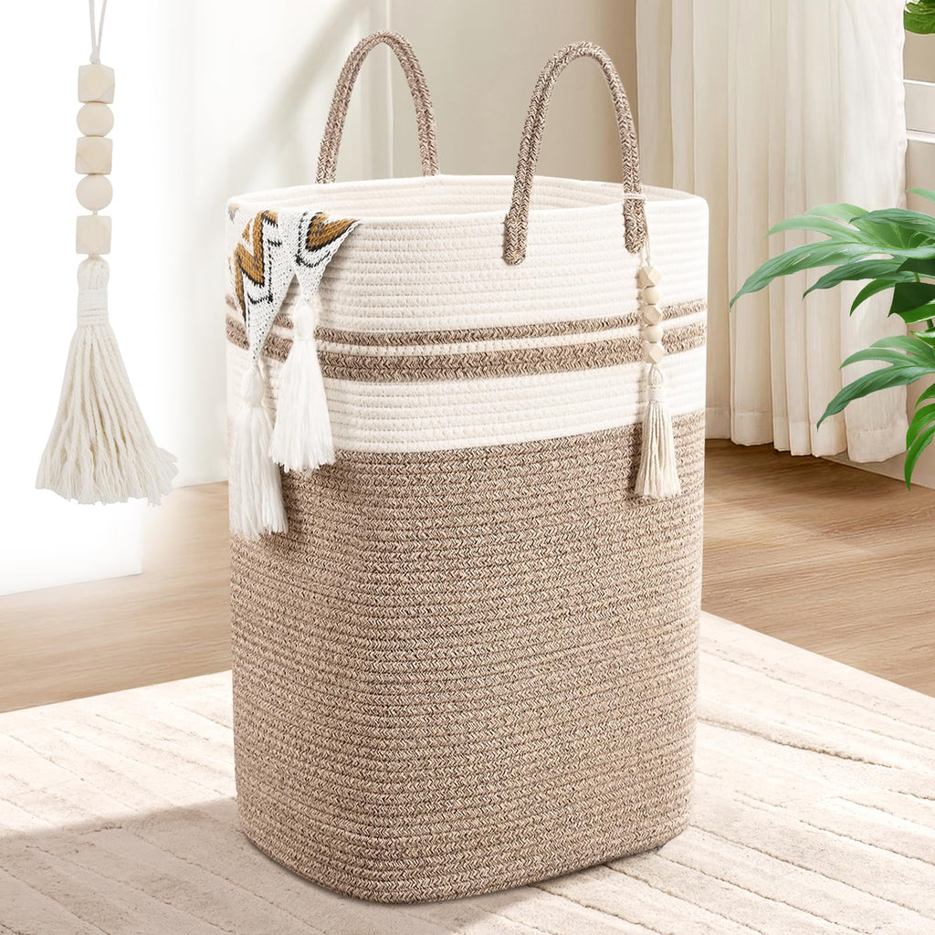 Woven Laundry Basket for Clothes, 50L Large Rectangle Laundry Hampers with Beads Tassel, Nursery Storage Basket for Toys, Tall Dirty Clothes Hamper for Bedroom Aesthetic, Laundry Room Organization