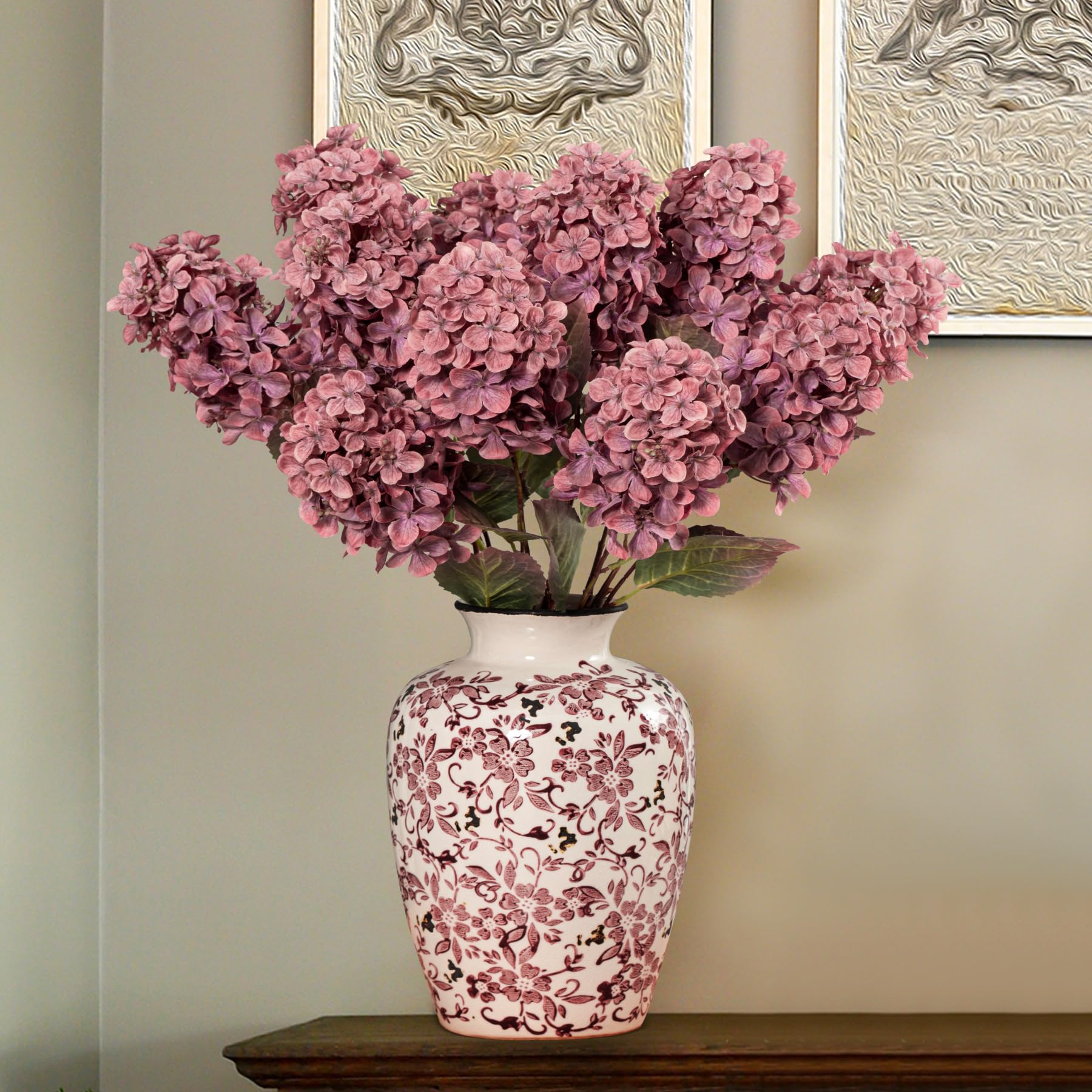Ttranewsoo Hydrangea Artificial Flowers,Fall Hydrangeas Artificial Flowers,Blue Fake Fall Dried Hydrangea Flowers Decoration,Faux Silk Flower with Stems Winter Decor(Blue 24" 8pcs) Without Vase