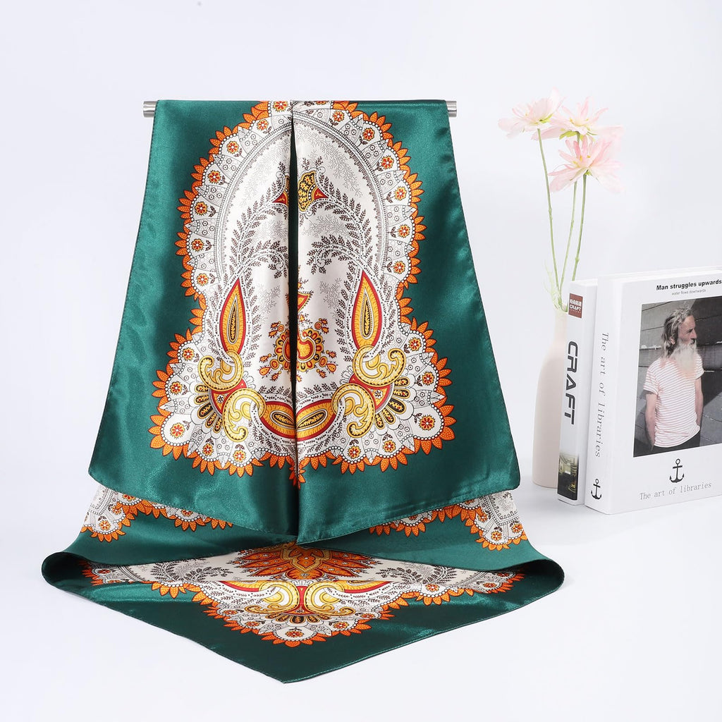 AWAYTR 35” Large Satin Square Head Scarf - 2Pcs Silk Like Floral Head Scarves Square Satin Hair Scarf Bandanas for Women