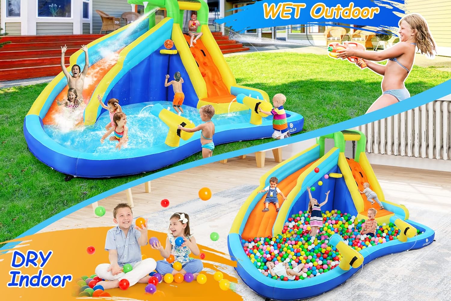 ROOJER Crocodile Inflatable Water Slide for Kids Backyard 8-in-1 Blow Up Wet & Dry Bounce House Water Park with Blower, Splash Pool, Climbing Wall, Double Cannons for Indoor Outdoor Party Fun Ages 3-8