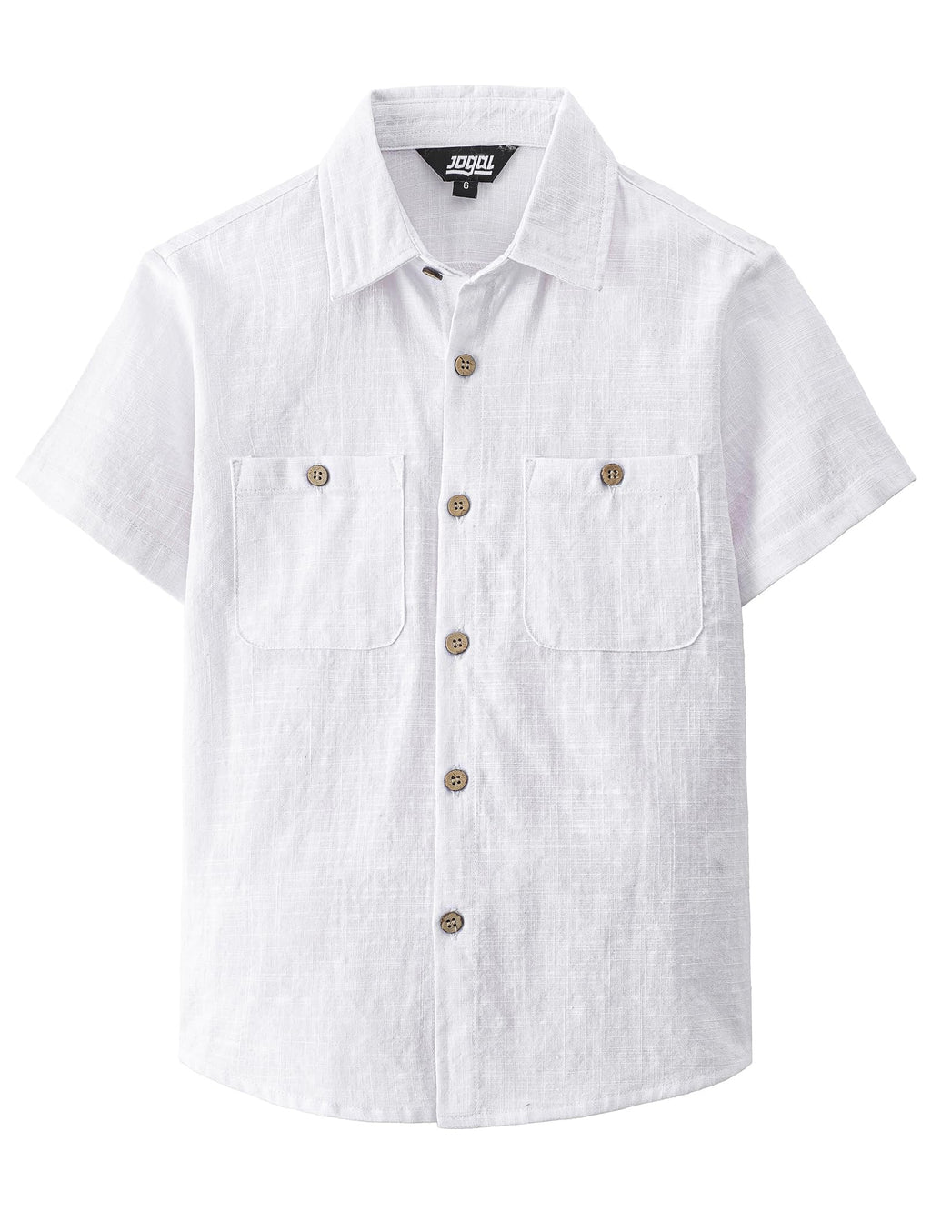 JOGAL Boys Chambray Shirts Short Sleeve Button Down Casual Cotton Woven Shirt with Two Pockets for Kids 6-14 Years