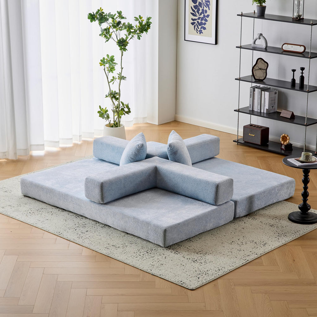 ZEIINPA 59“ Convertible Floor Sofa Bed, 5-in-1 Futon Sofa Bed Pull Out Sleeper Couch, Modern Corduroy Compressed Loveseat, Modular Boneless Couches for Living Room, No Assembly Required, Beige