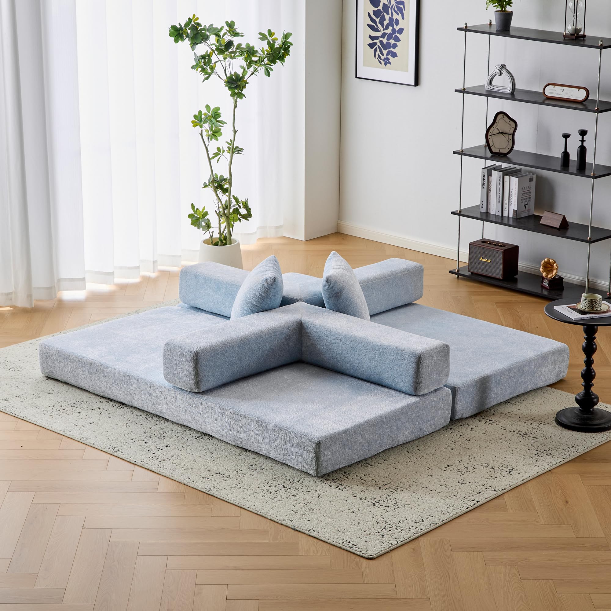 ZEIINPA 59“ Convertible Floor Sofa Bed, 5-in-1 Futon Sofa Bed Pull Out Sleeper Couch, Modern Corduroy Compressed Loveseat, Modular Boneless Couches for Living Room, No Assembly Required, Beige