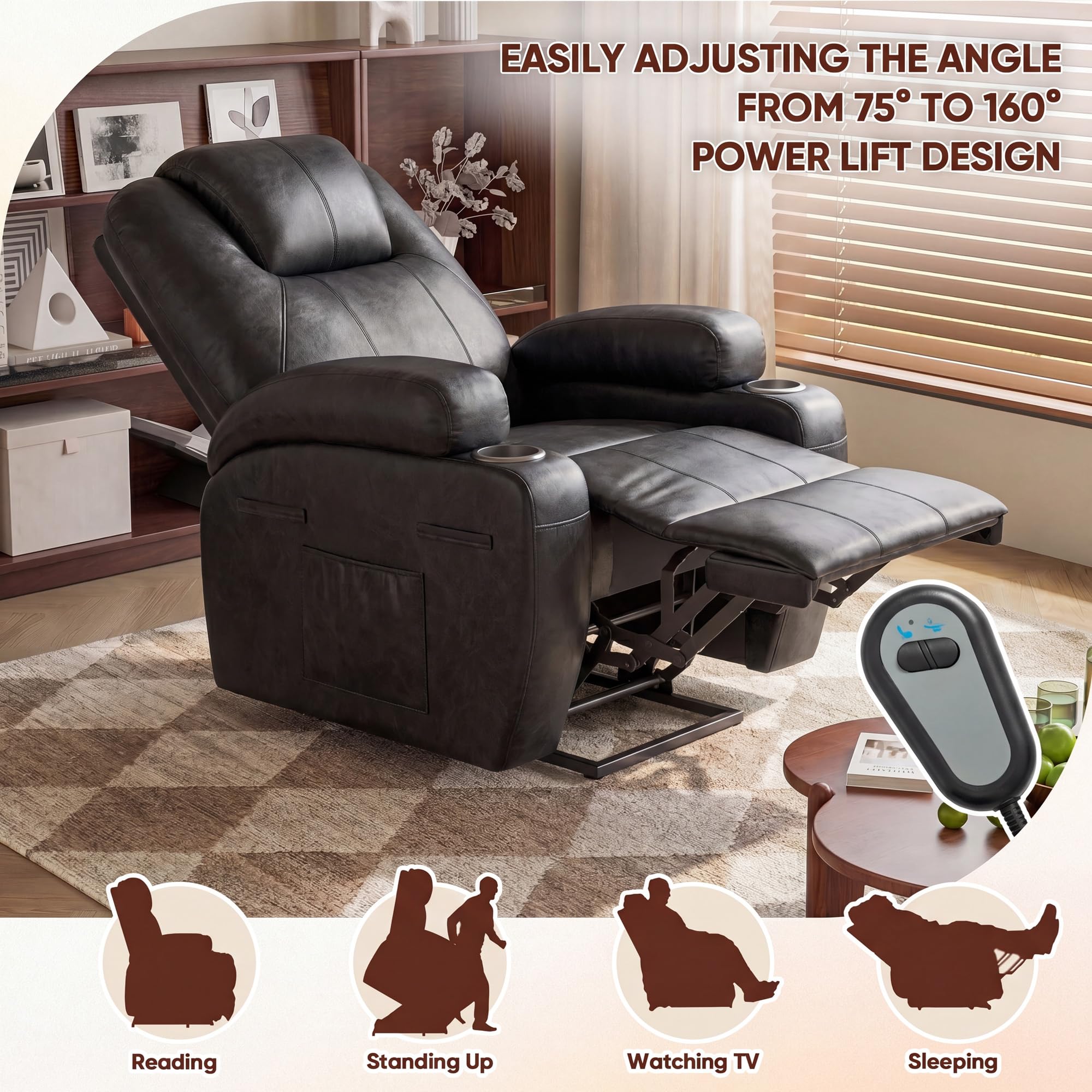 Furmax Electric Power Lift Recliner Chair with Massage for Elderly Corduroy Fabric Recliner Single Sofa with Cup Holders, Side Pockets and Remote Control for Living Room Bedroom (Leathaire, Brown)