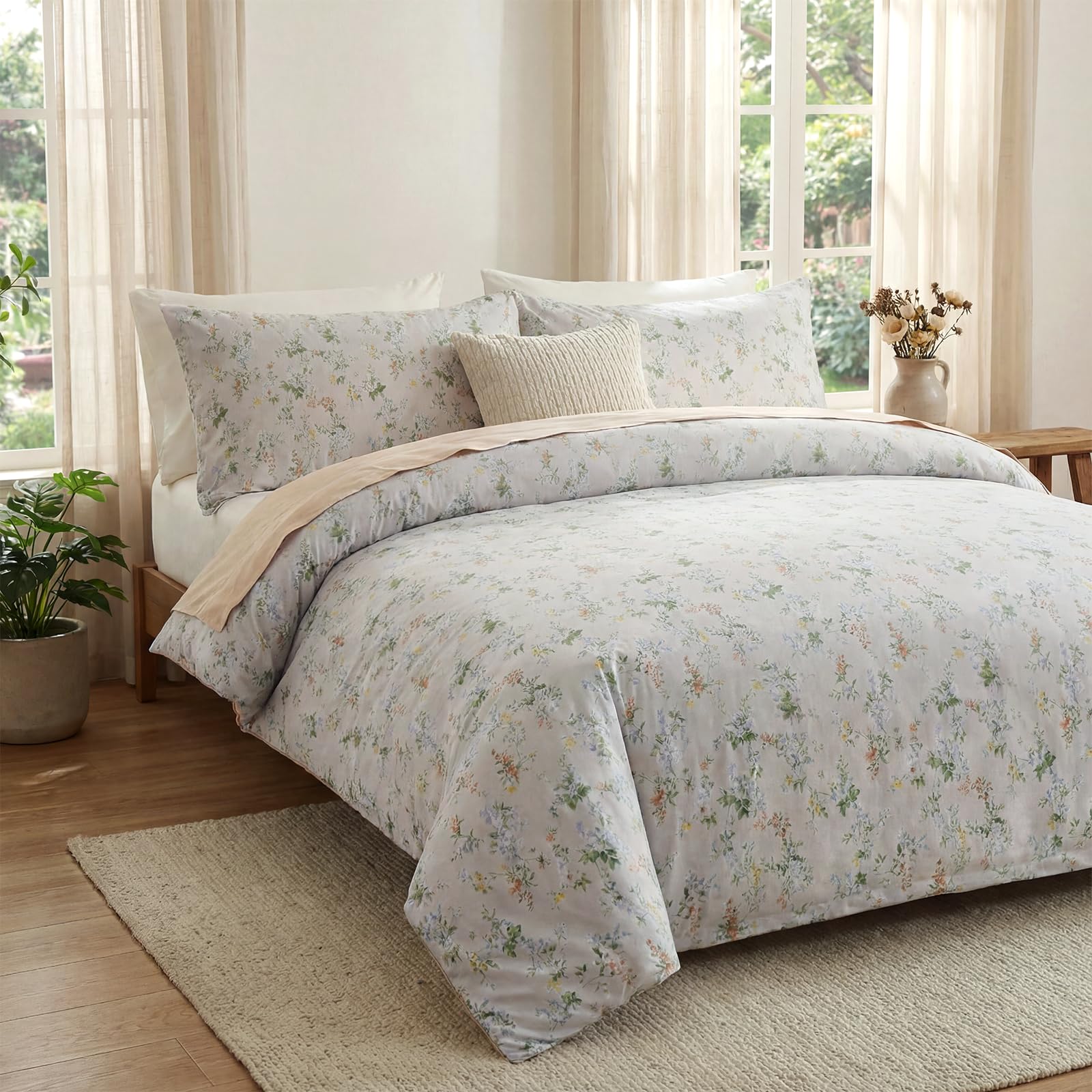 100% Natural Cotton Comforter Set Queen 3 Pcs Grayish Blue Bedding Sets with Luxurious Damask Pattern, Reversible Breathable Soft Comforter Sets for All Season