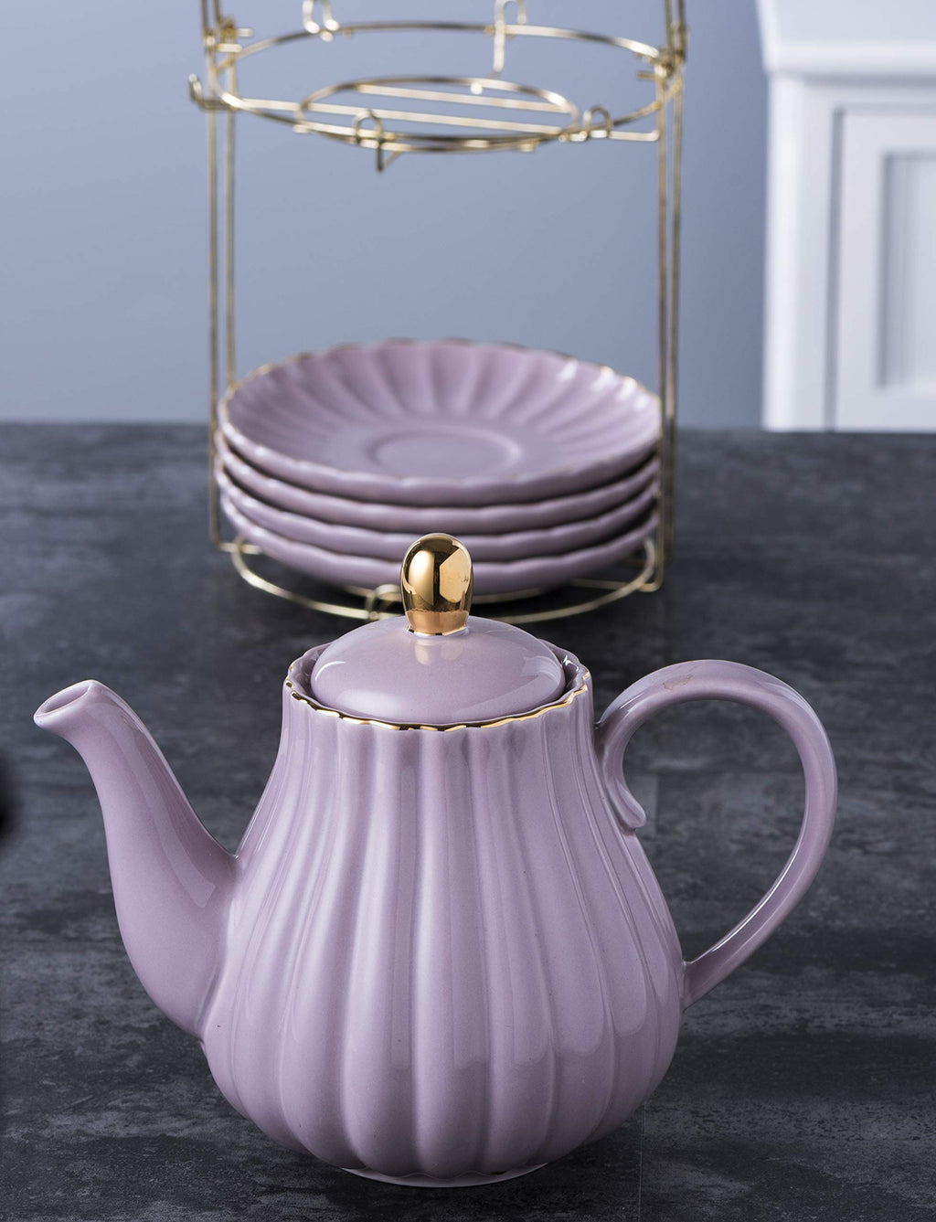 Jusalpha Serve for 6- Fine China Pink Coffee Cup/Teacup Set, 8 OZ Cups& Saucer, with Teapot-Sugar Bowl-Cream Pitcher Teaspoons and tea strainer for Tea/Coffee (Lavender, Serve of 6)