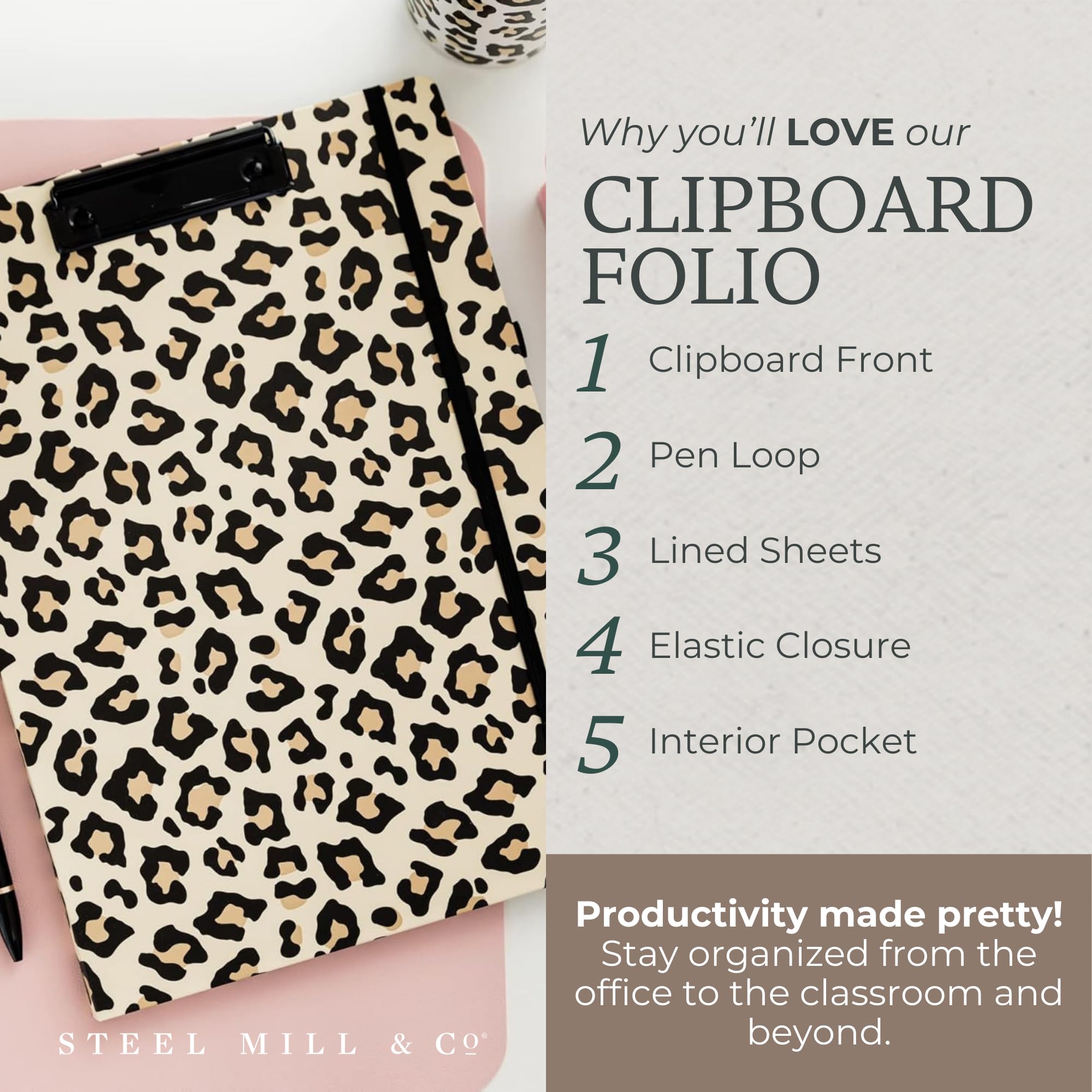 Steel Mill & Co Cute Clipboard Folio with Refillable Lined Notepad and Interior Storage Pocket, Black and White Padfolio for Work, Black Dots