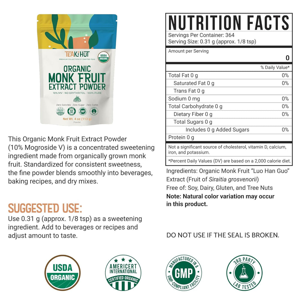 Pure Organic Monk Fruit Extract Powder, No Erythritol 4oz, 100% Monk Fruit Sweetener Powder for Keto and Paleo Diets, No Aftertaste, Zero Calories, Zero Carbs, Pure Monk Fruit Extract, 364 Servings