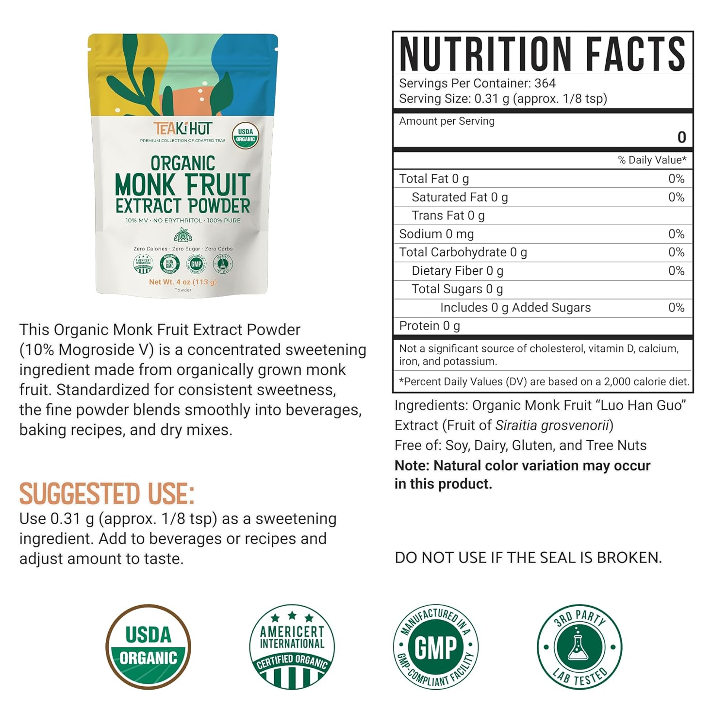 Pure Organic Monk Fruit Extract Powder, No Erythritol 4oz, 100% Monk Fruit Sweetener Powder for Keto and Paleo Diets, No Aftertaste, Zero Calories, Zero Carbs, Pure Monk Fruit Extract, 364 Servings