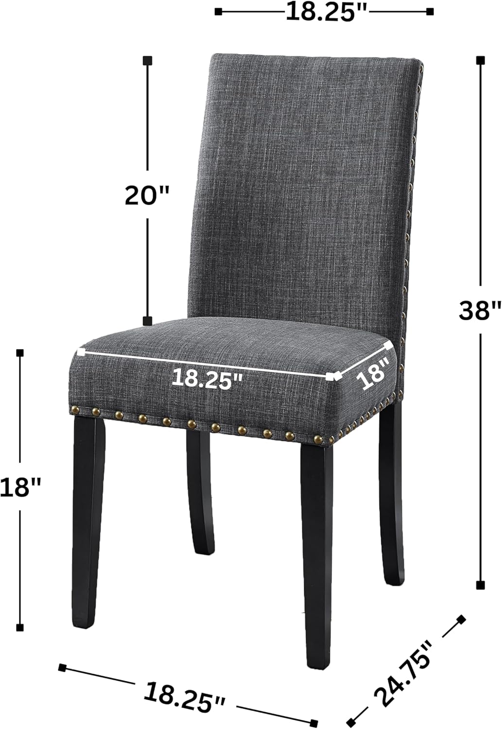 Roundhill Furniture Biony Gray Fabric Dining Chairs with Nailhead Trim, Pack of 2