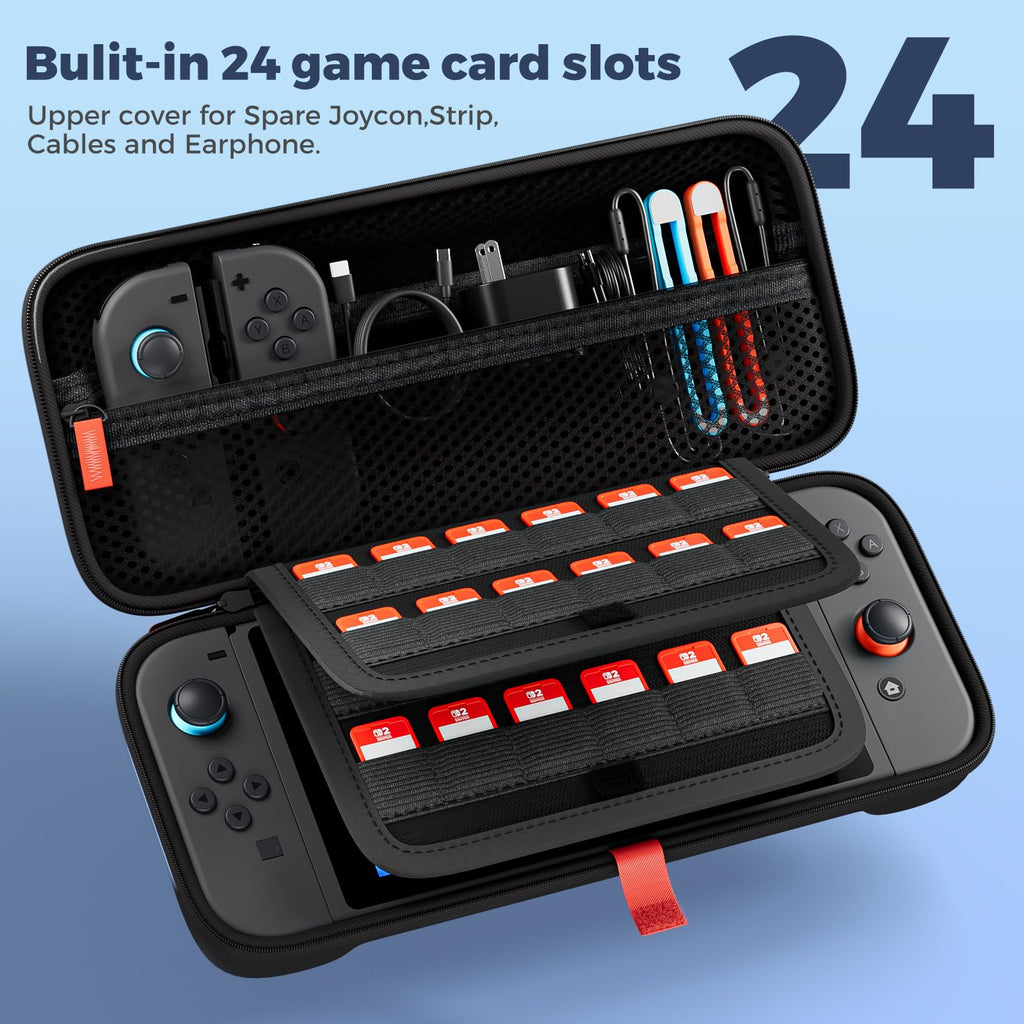 ProCase Carrying Case for Nintendo Switch 2 (2025) with 24 Game Card Slots, Hard Portable Travel Case Storage Bag Protective Pouch for 2025 Nintendo Switch 2 Console AC Adapter & Accessories -Black,L