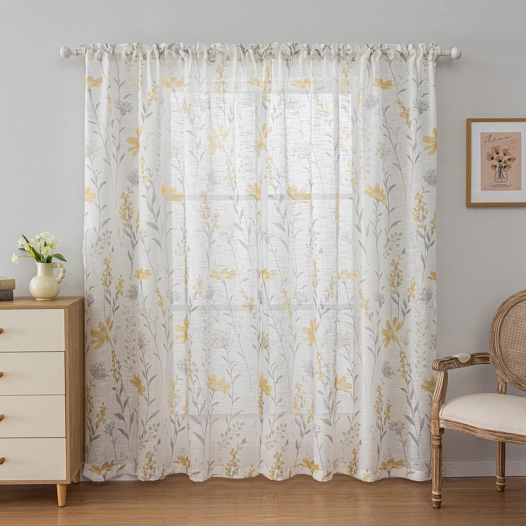 SUOUO Blue Leaf Semi Sheer White Curtains for Bedroom Dining Living Room Linen Textured 84 inches Long Rod Pocket Boho Window Drapes 2 Panels