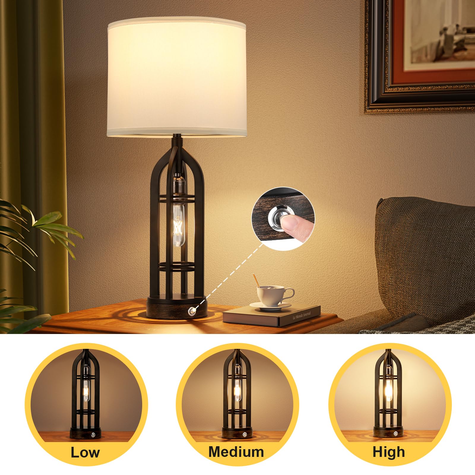 Seealle Table Lamp for Living Room Set of 2 - Wood-Like Bedside Lamp for Bedroom with USB C+A & Outlet, Farmhouse Lamps for Night Stands, 3-Way Dimmable Touch Lamps for Living Room
