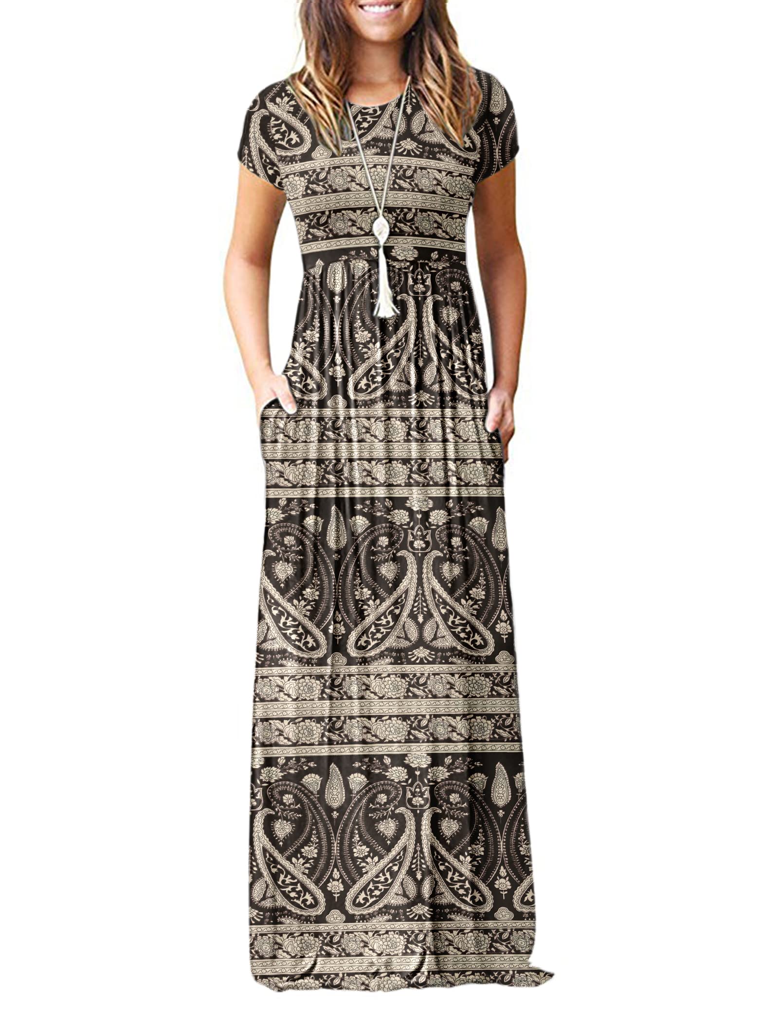 MISFAY Women Short Sleeve Loose Plain Maxi Dresses Casual Long Dresses Pockets