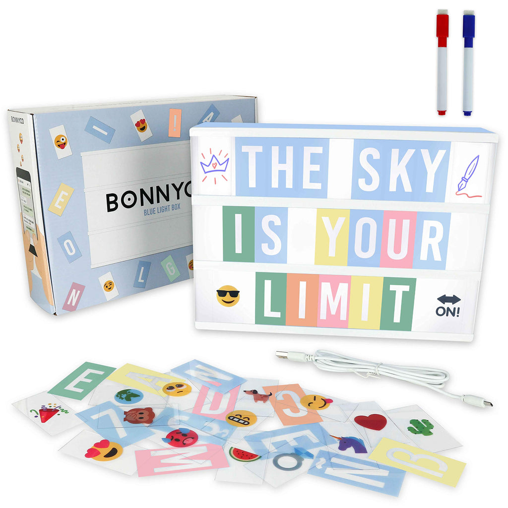 BONNYCO Blue Cinema Light Box with 400 Letters, Emojis and 2 Markers. Led Light Box Boy Bedroom Decor, Baby Shower. Cinema Led Sign Letters Board Gifts for Boys, Children for Birthdays Christmas