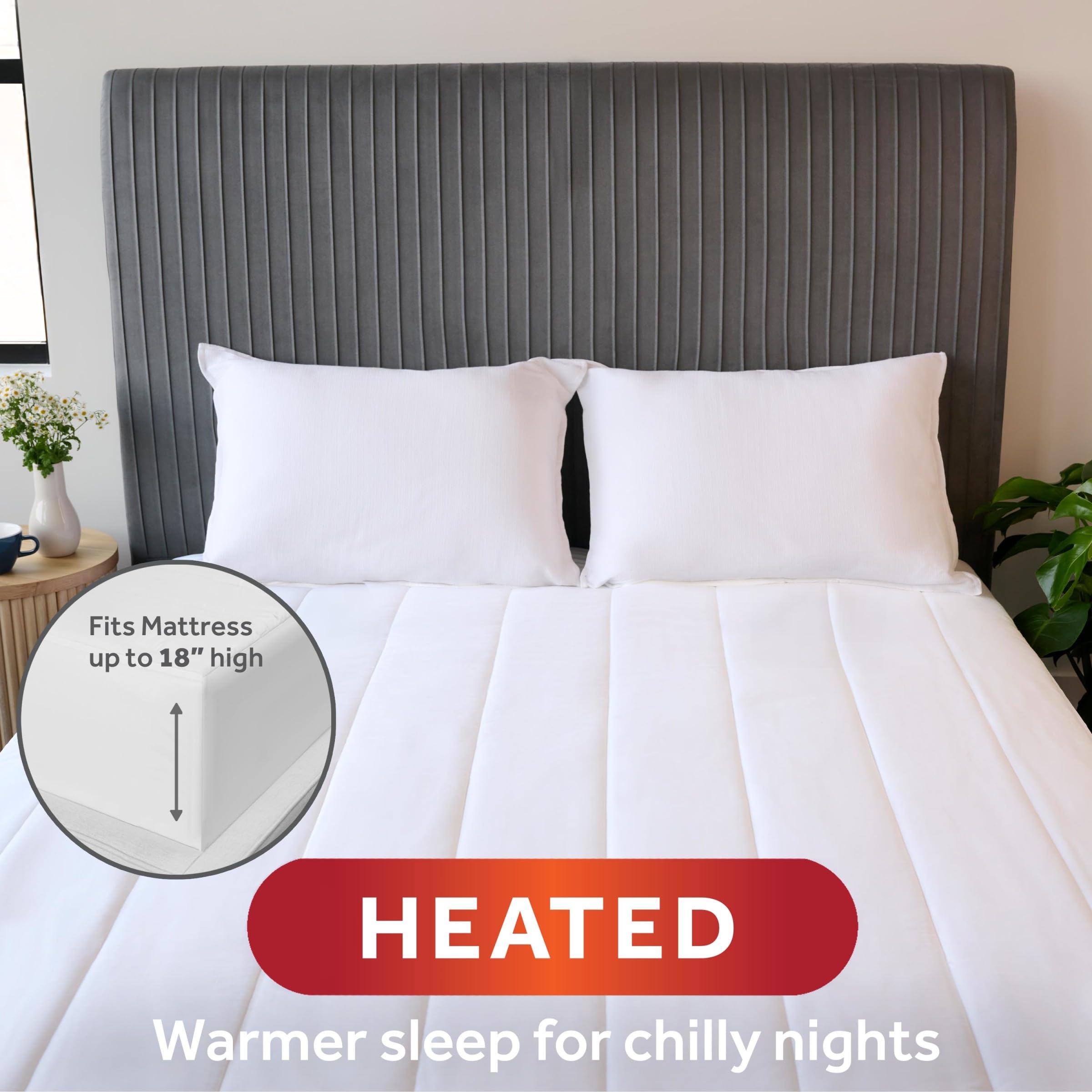 Sunbeam Restful Quilted Water Resistant Heated Mattress Pad - Full White