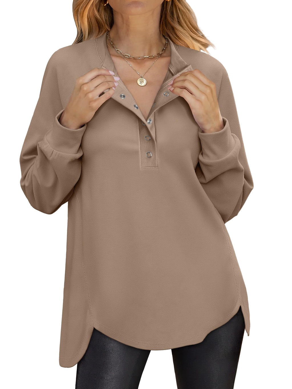 ANRABESS Women's Long Sleeve Henley Oversized Sweatshirts | Button Slit Hem Tunic Tops, Soft Loose Fit Pullover, School Work Office Outfits, Lounge Casual, Fall Winter Clothes