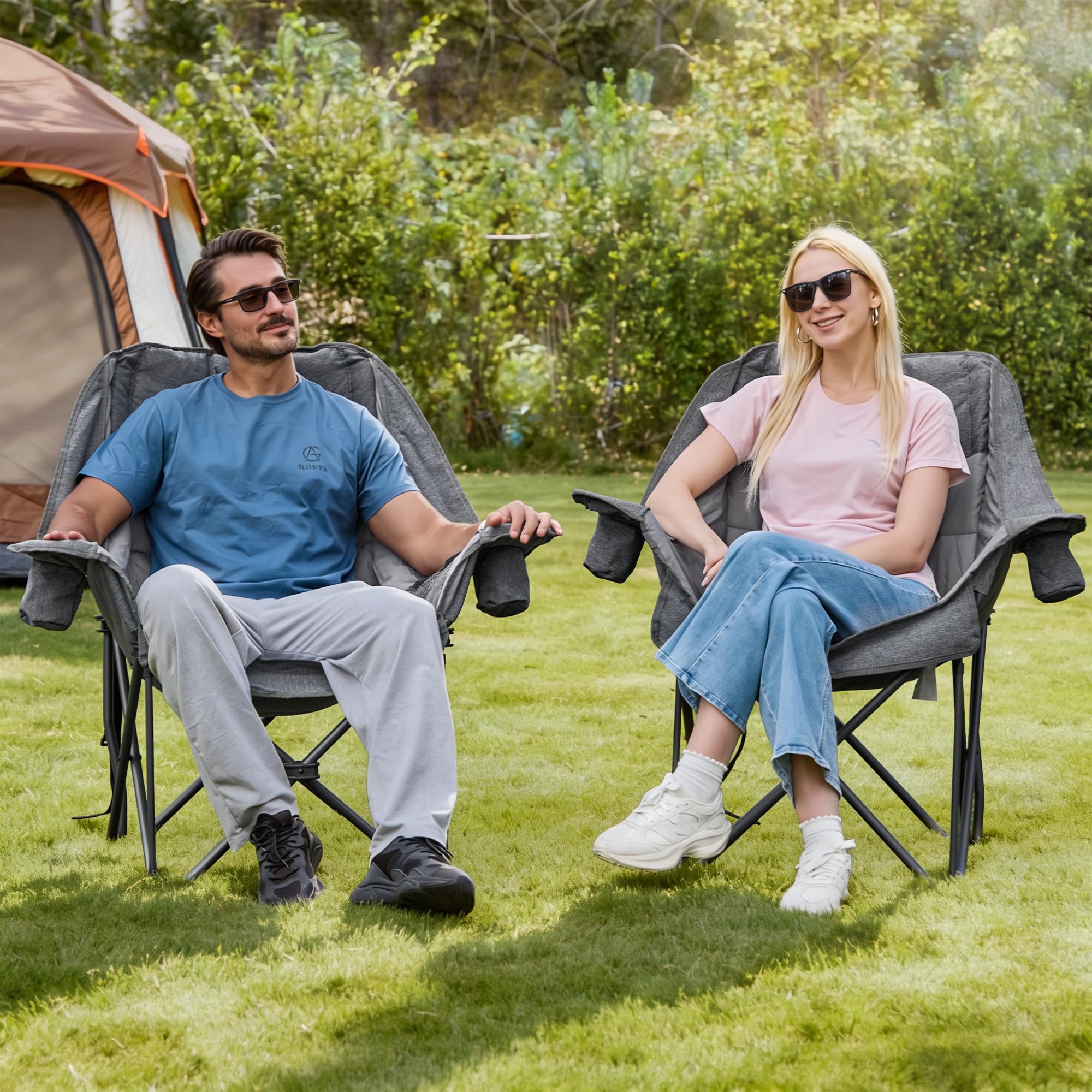 Double Camping Chair Heavy Duty Oversized Padded Loveseat for Adults 2 Person Outdoor Portable Camping Chairs for Lawn, Backyard, Fishing, Trip, Support 600lbs, Grey