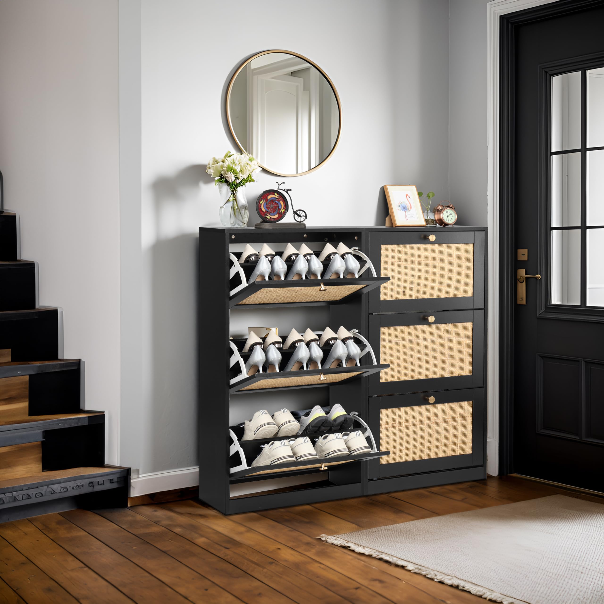 Finnhomy 3 Tier Shoe Cabinet with Natural Rattan Flip Drawers for Entryway, Free Standing Slim Shoe Storage Organizer with Large Top Board, Shoe Cabinet with Adjustable Width Drawers, Black