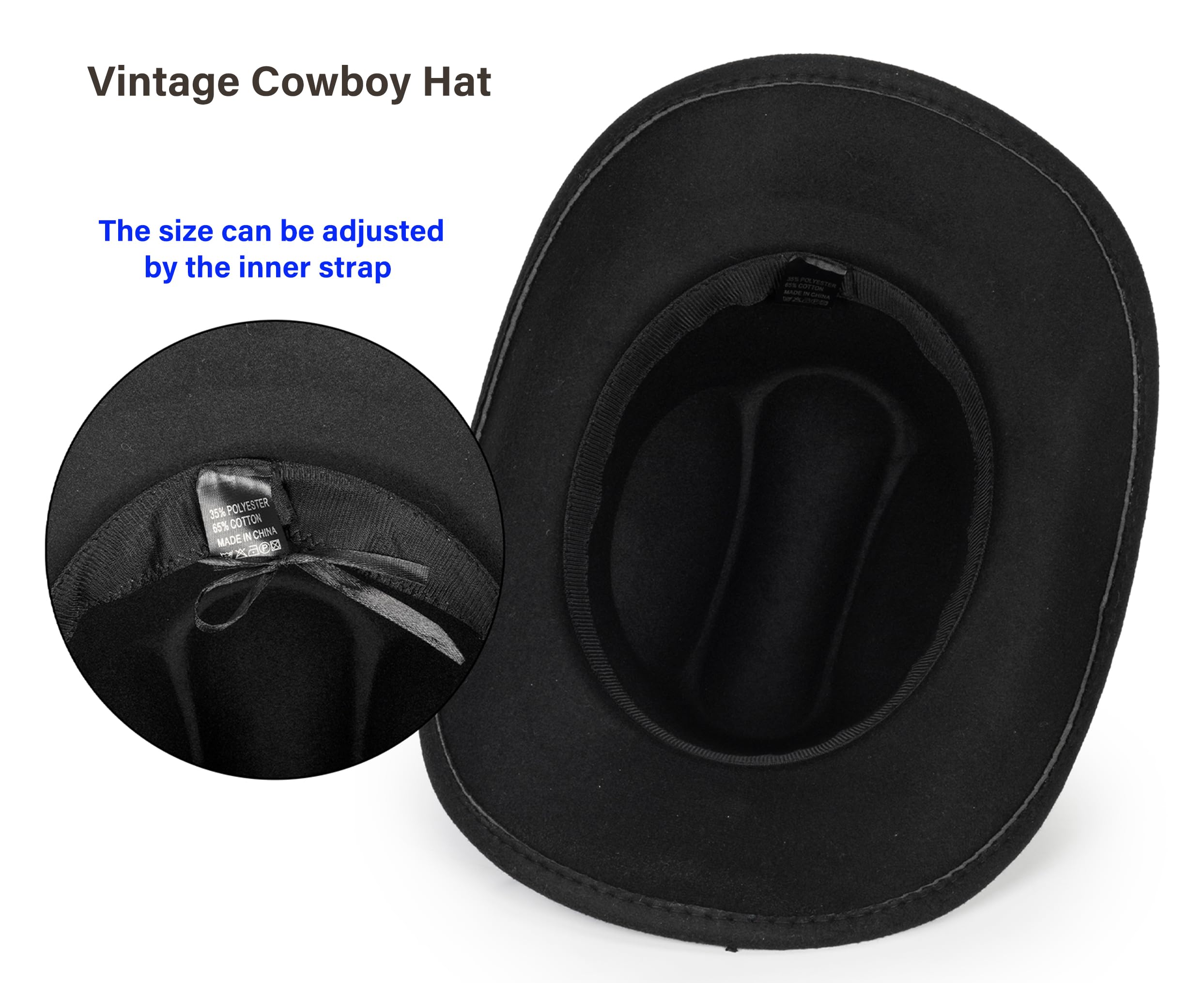 Vintage Western Cowboy Hat for Men Women - Wide Brim Cowgirl Fedora Hats with Braided Rope Band M