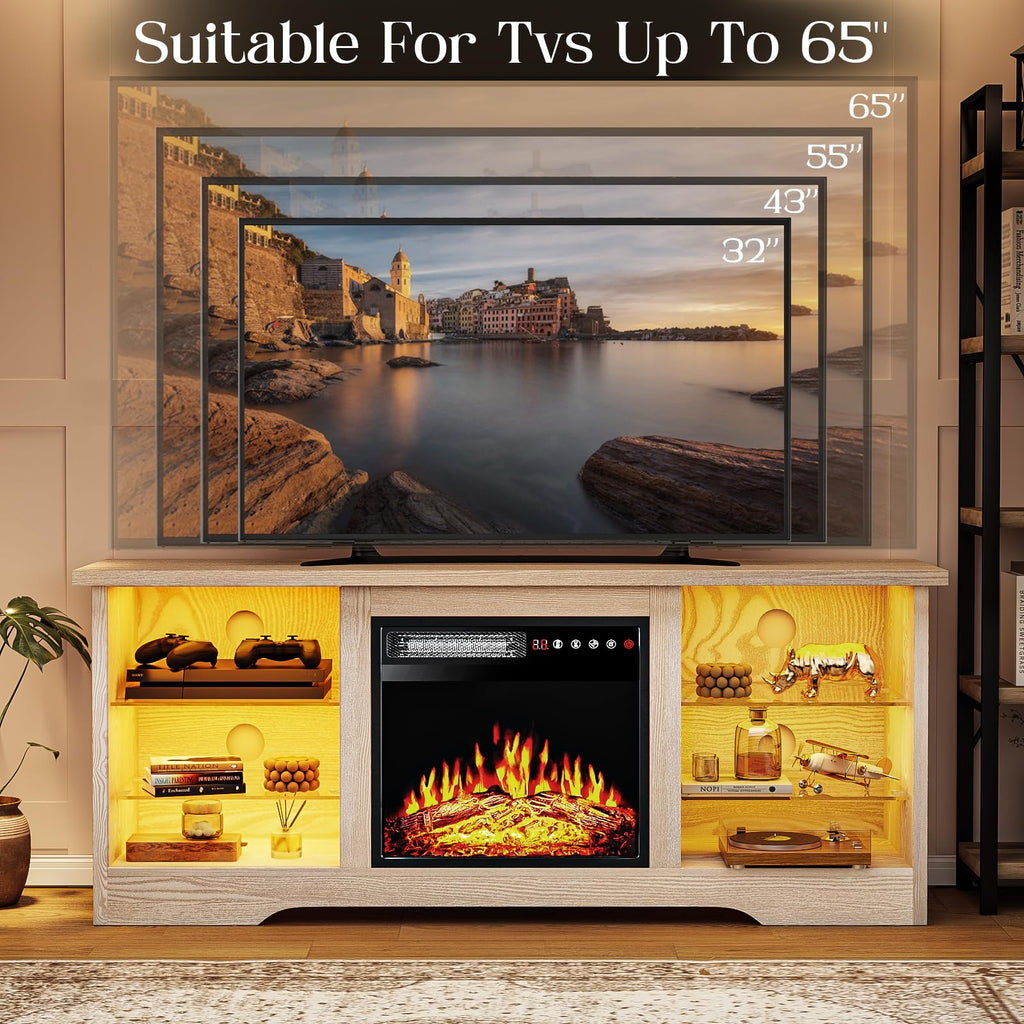 VITESSE 58 Inches Fireplace TV Stand for TVs up to 65 Inches Console with 18'' Electric Fireplace & Remote,Wooden Modern Entertainment Center for Living Room with LED Light Glass Shelves（Bei）