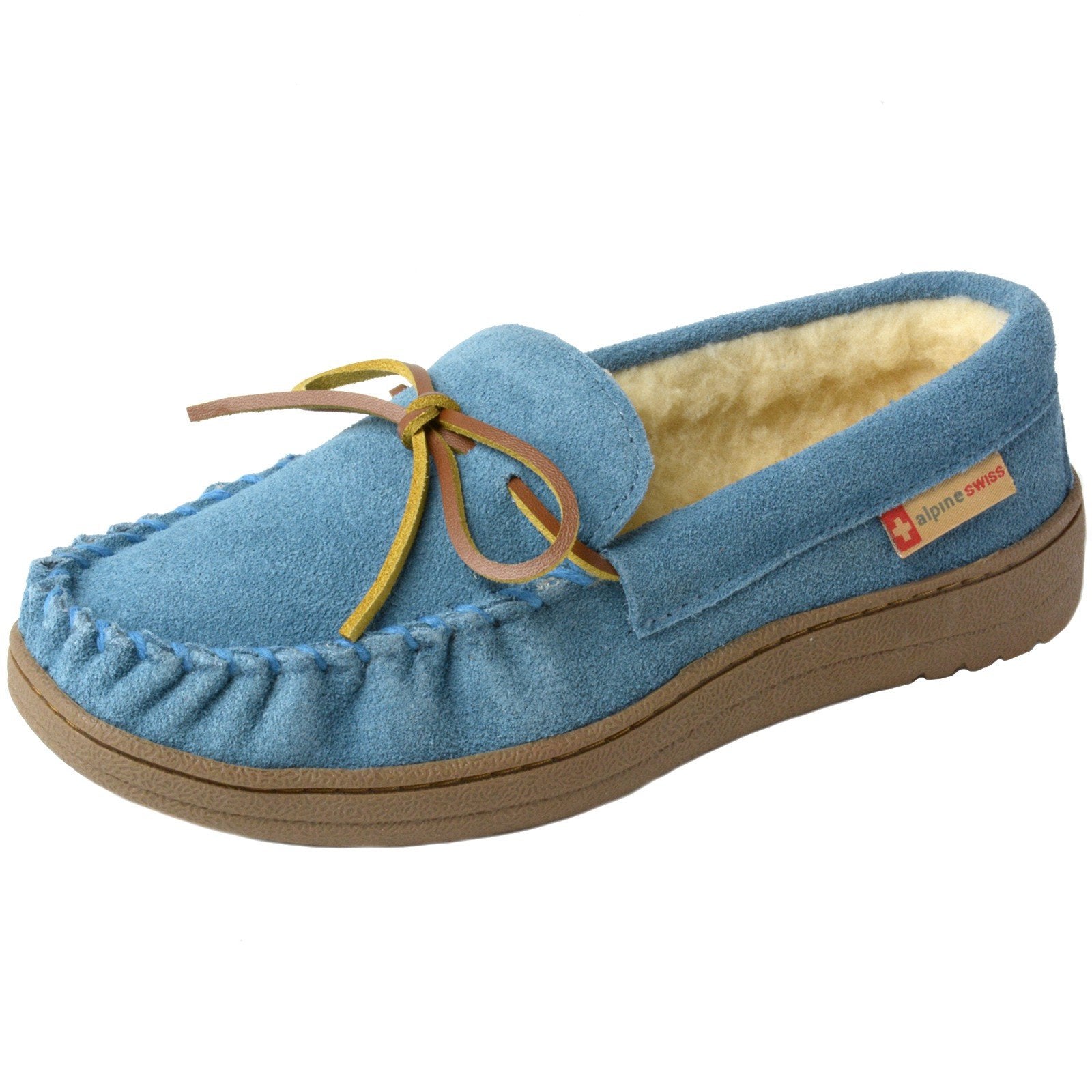Alpine Swiss Sabine Womens Moccasin Slippers Genuine Suede House Shoe Memory Foam Insole Plush Faux Shearling Fur Indoor Outdoor Anti-Slip Rubber Sole