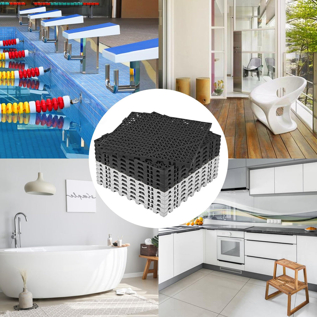 ToLanbbt Modular Interlocking Cushion 8P 11.8" x 11.8" Interlocking Rubber Floor Drain Holes Non-Slip Splicing Drainage Mats for Deck, Shower, Kitchen, Drain Pool, Sauna Bath, Indoor Outdoor (Black)