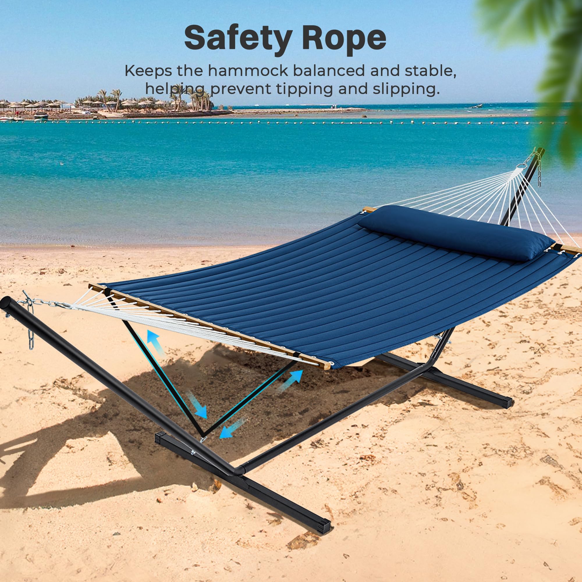 SUPERJARE Hammock with Stand, 2 Person Quilted Outdoor Hammock, Detachable Pillow & Bamboo Spreaders, Portable Hammock with Carrying Bag, Heavy Duty Stand, Perfect for Outside, Patio, Aqua Blue