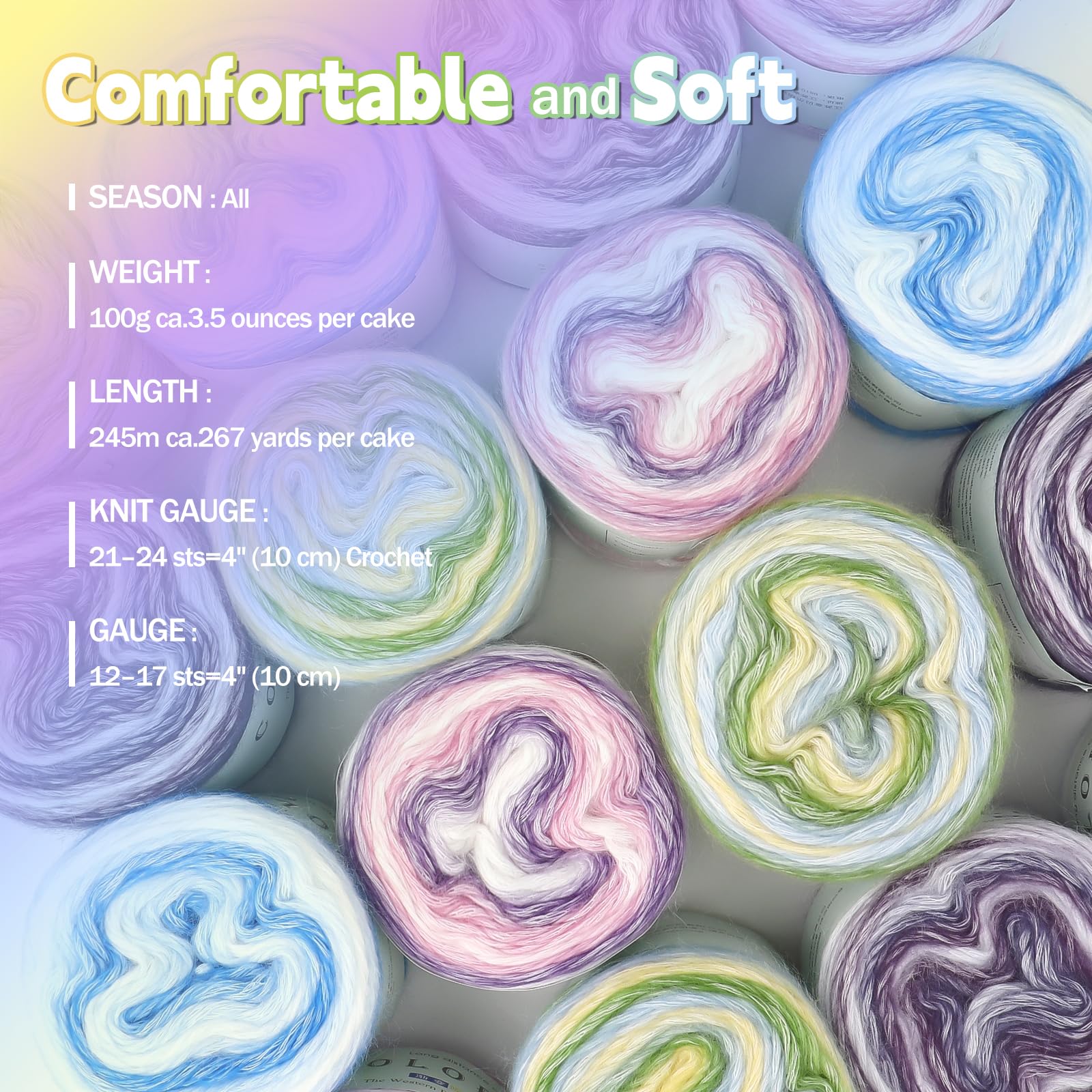 Katech Fairyland Yarn for Crocheting Knitting-Gradient Yarn Cake-4 Pack of 100g/3.52 oz-Soft DK Light Weight #3-60% Cotton 30% Acrylic 10% Wool-Perfect for Scarves, Shawls, Blankets and Garments(A)