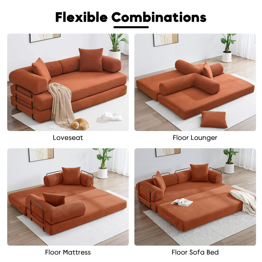 ZEIINPA 59“ Convertible Floor Sofa Bed, 5-in-1 Futon Sofa Bed Pull Out Sleeper Couch, Modern Corduroy Compressed Loveseat, Modular Boneless Couches for Living Room, No Assembly Required, Beige