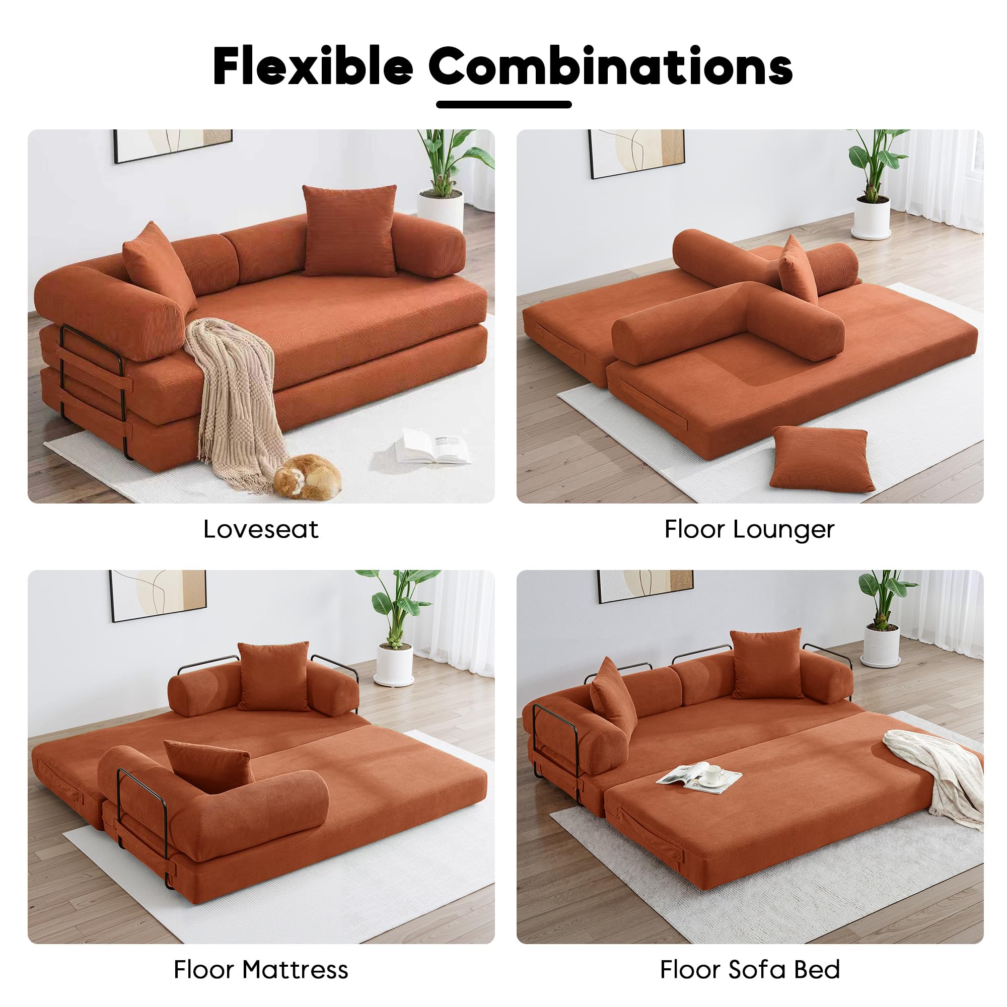 ZEIINPA 59“ Convertible Floor Sofa Bed, 5-in-1 Futon Sofa Bed Pull Out Sleeper Couch, Modern Corduroy Compressed Loveseat, Modular Boneless Couches for Living Room, No Assembly Required, Beige