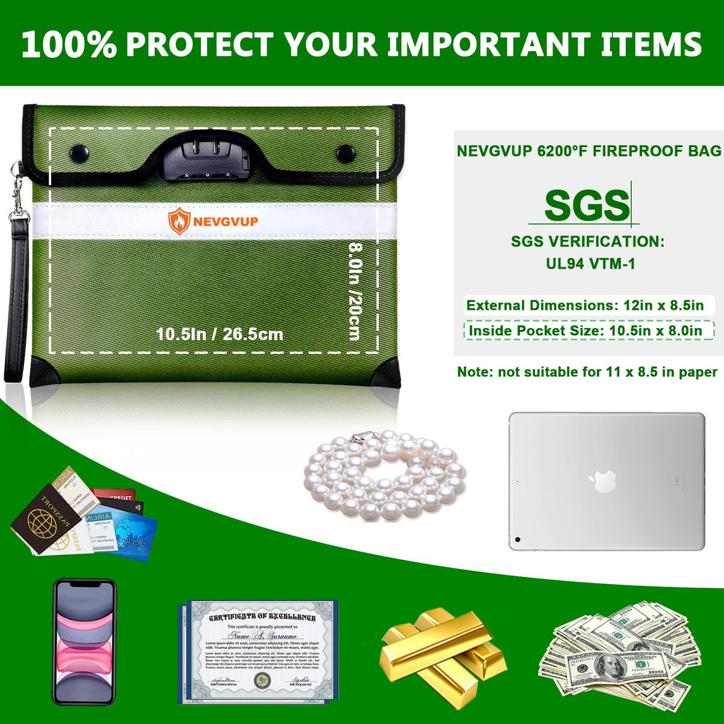 Fireproof Money Bag 4200°F - Heat Insulated, 9.8 x 6.5" Small Fireproof Document Bags with Waterproof Zipper, Fire proof Bag with Reflective Strip and Fireproofs Edeging, Fire Pouch Set for Valuables