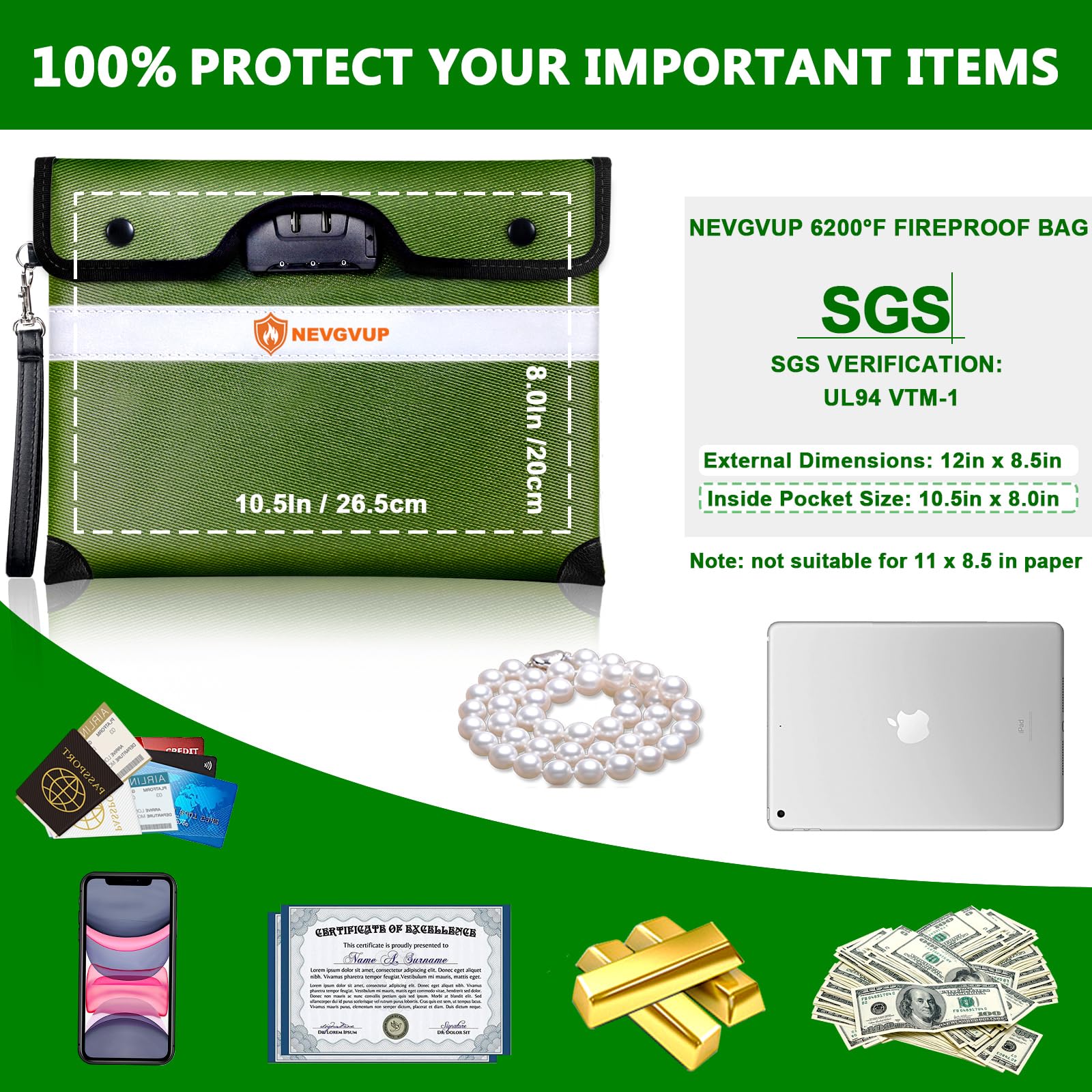 Fireproof Money Bag 4200°F - Heat Insulated, 9.8 x 6.5" Small Fireproof Document Bags with Waterproof Zipper, Fire proof Bag with Reflective Strip and Fireproofs Edeging, Fire Pouch Set for Valuables