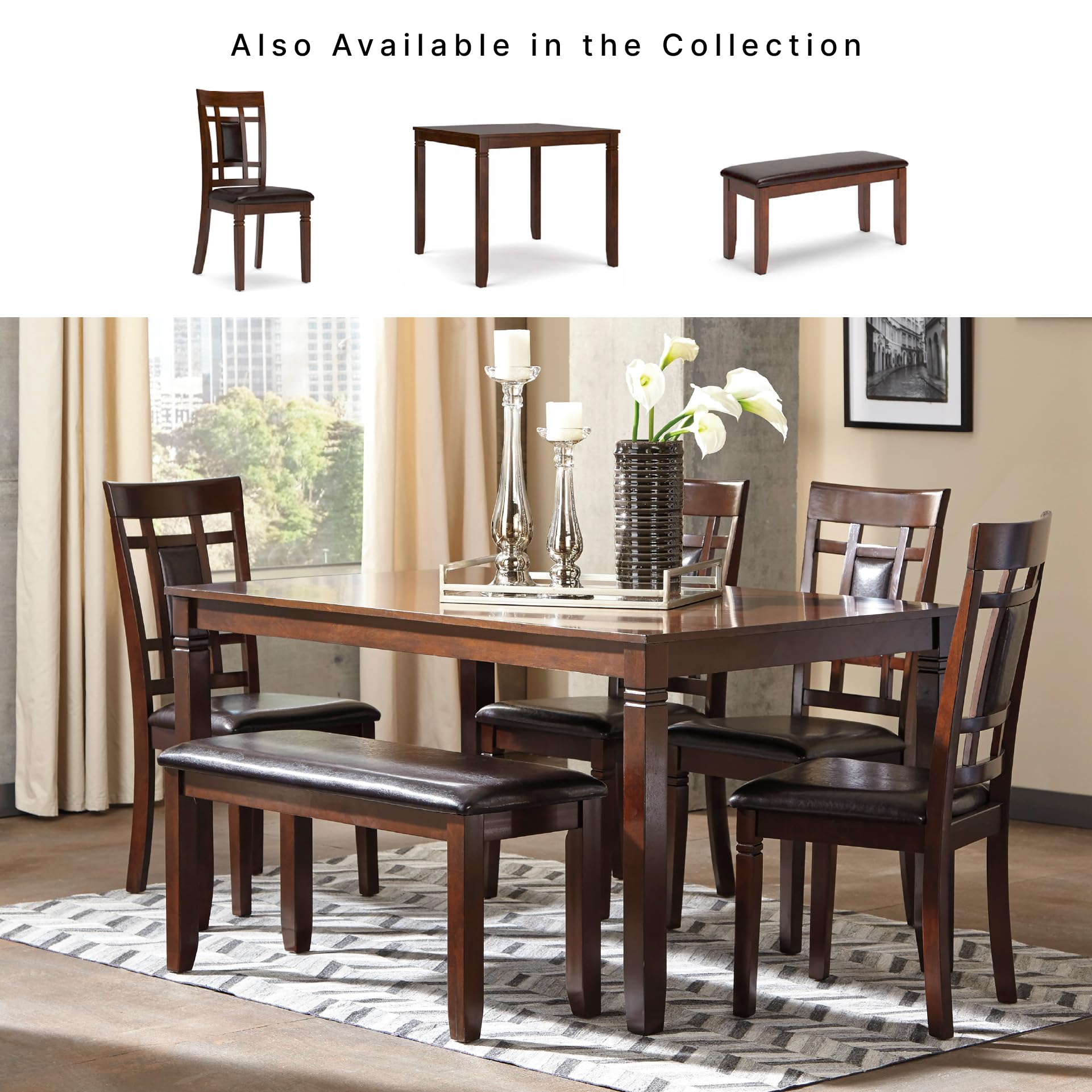 Signature Design by Ashley Bennox 6 Piece Dining Set with Upholstered Bench, Table & 4 Upholstered Chairs, Seats 6, Wood, Brown