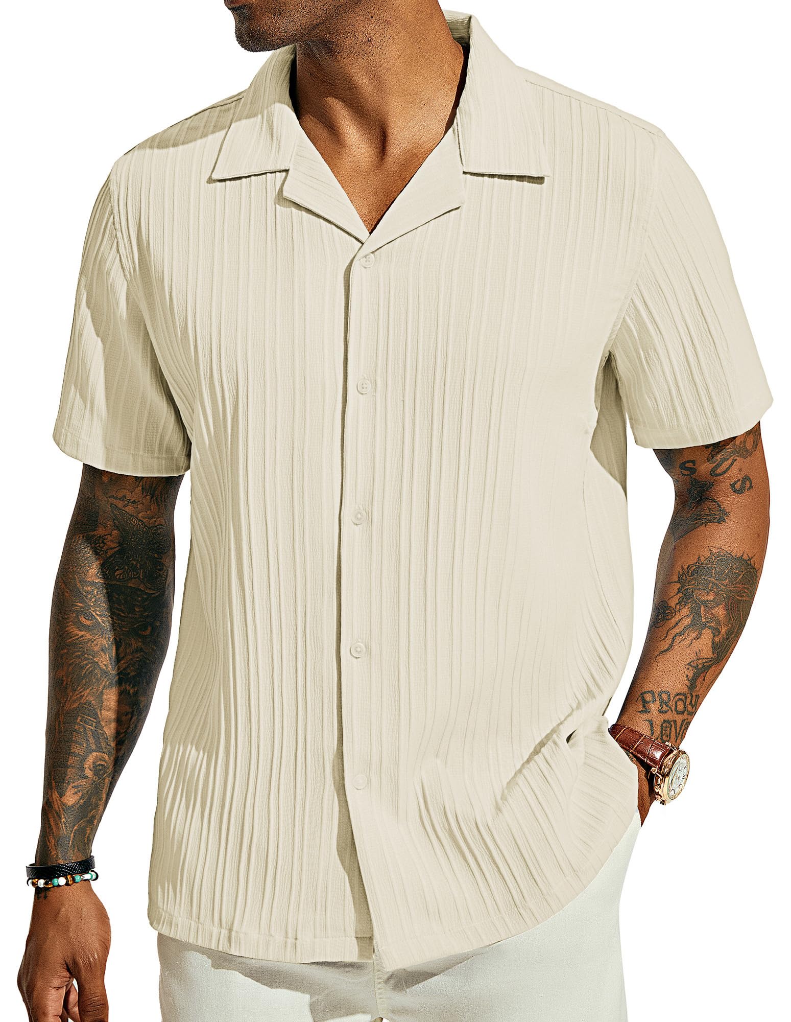 PJ PAUL JONES Men's Casual Button Down Shirts - Short Sleeve Summer Textured Beach Wrinkle-Free Shirts
