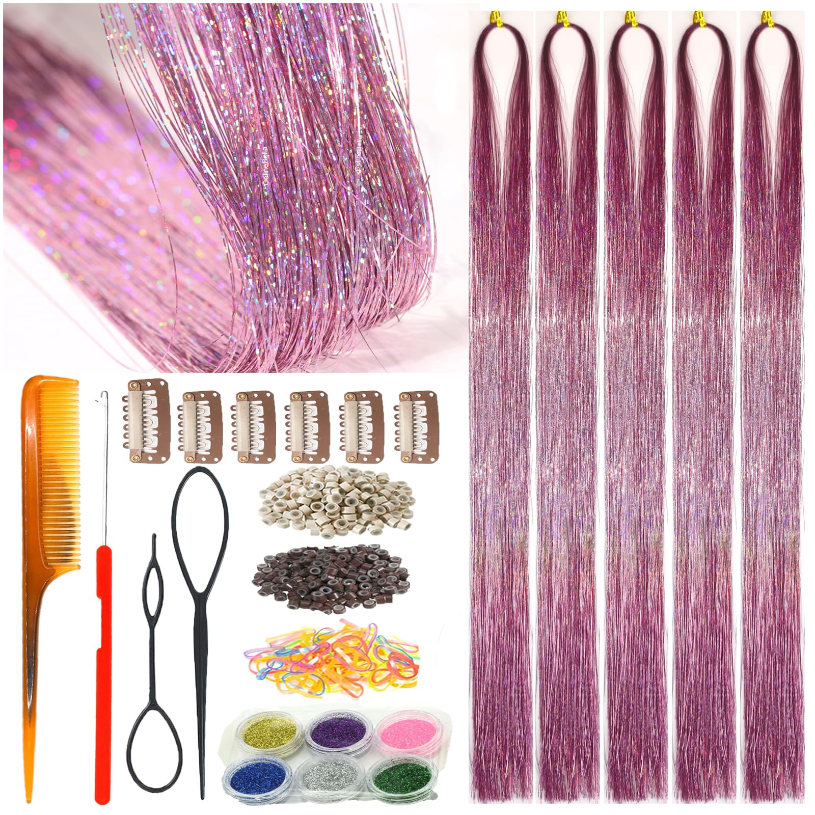 Celinebella Bubblegum Pink Hair Tinsel, 48" 1250 Strands Bright Shimmer | Vibrant hot pink bubblegum tone, youthful energetic, heat resistant, great for prom concerts birthday parties events