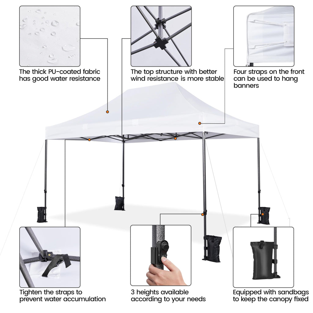 Yaheetech Heavy Duty Pop Up Canopy Tent, 10x15 Commercial Instant Shelter Tent, Outdoor Adjustable Canopy with Wheeled Bag, 4 Sandbags & 8 Stakes, White