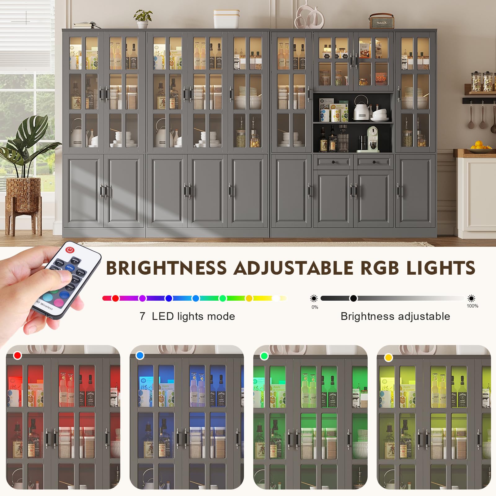 MEISSALIVVE Kitchen Pantry Storage Cabinet with LED Lights, 78.7" Tall with Glass Doors & Drawers, Freestanding Utility Cabinet, Black (31.5" W x 15.7" D)