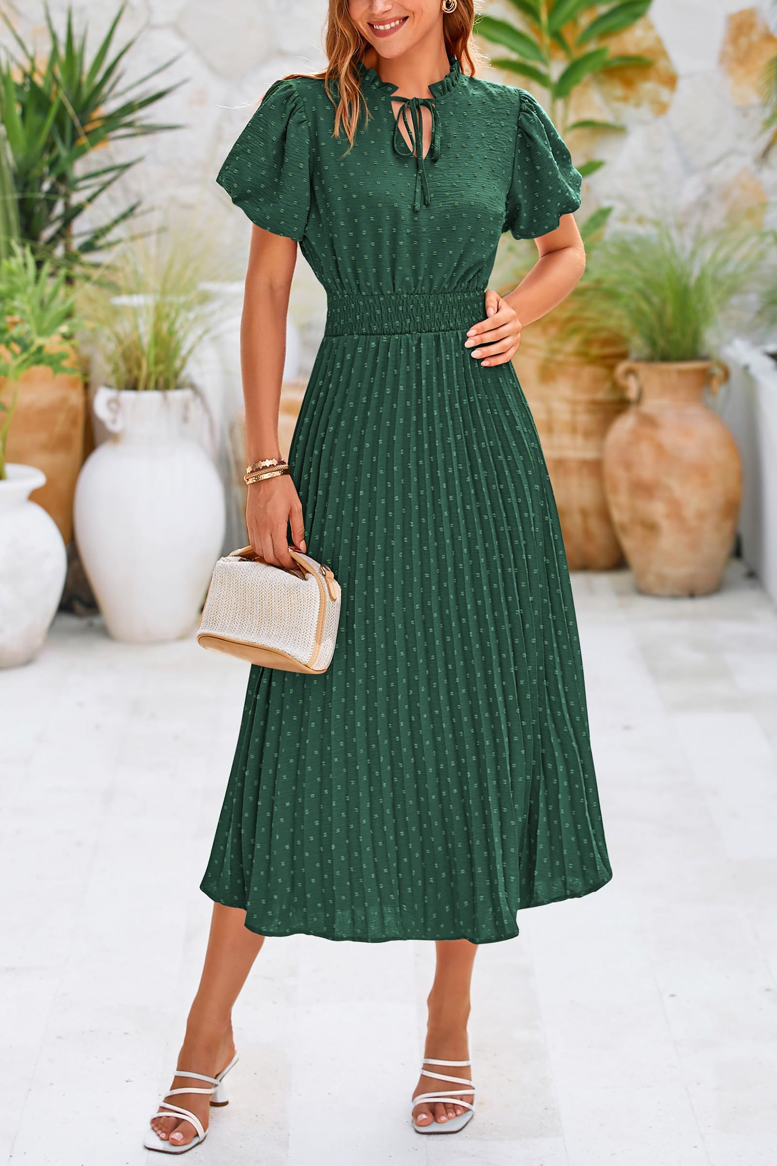 PRETTYGARDEN Womens Summer Midi Dresses Puff Short Sleeve V Neck Swiss Dot Pleated A Line Flowy Long Wedding Guest Dress