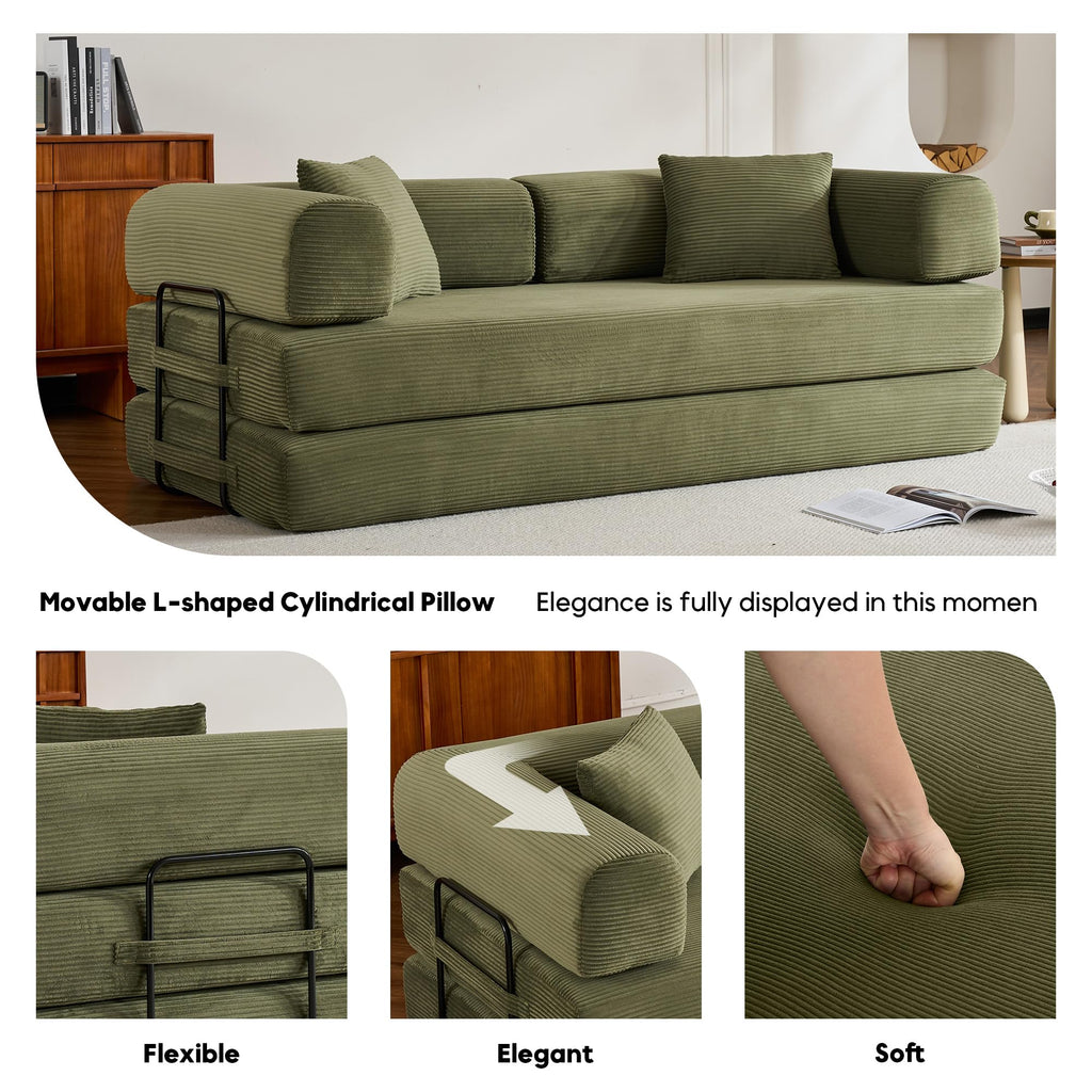 ZEIINPA 59“ Convertible Floor Sofa Bed, 5-in-1 Futon Sofa Bed Pull Out Sleeper Couch, Modern Corduroy Compressed Loveseat, Modular Boneless Couches for Living Room, No Assembly Required, Beige