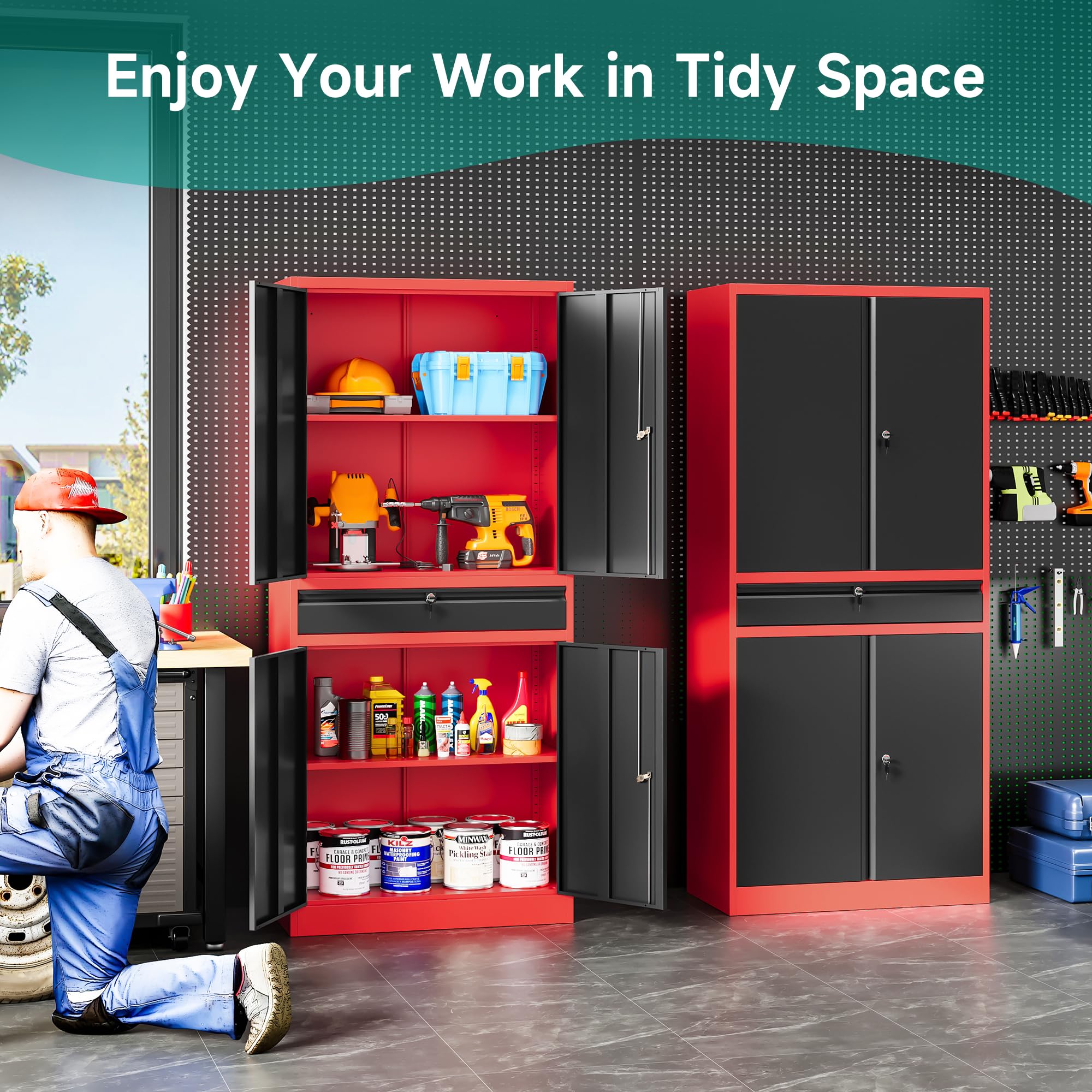 SISESOL Wide & Deep Metal Storage Cabinet with Wheels,Tall Rolling Garage Storage Cabinet with Lock,Black Metal Cabinets with Pegboards and Shelves,Tool Locker for Garage,Home,Office,43''Wx 20''Dx71"H