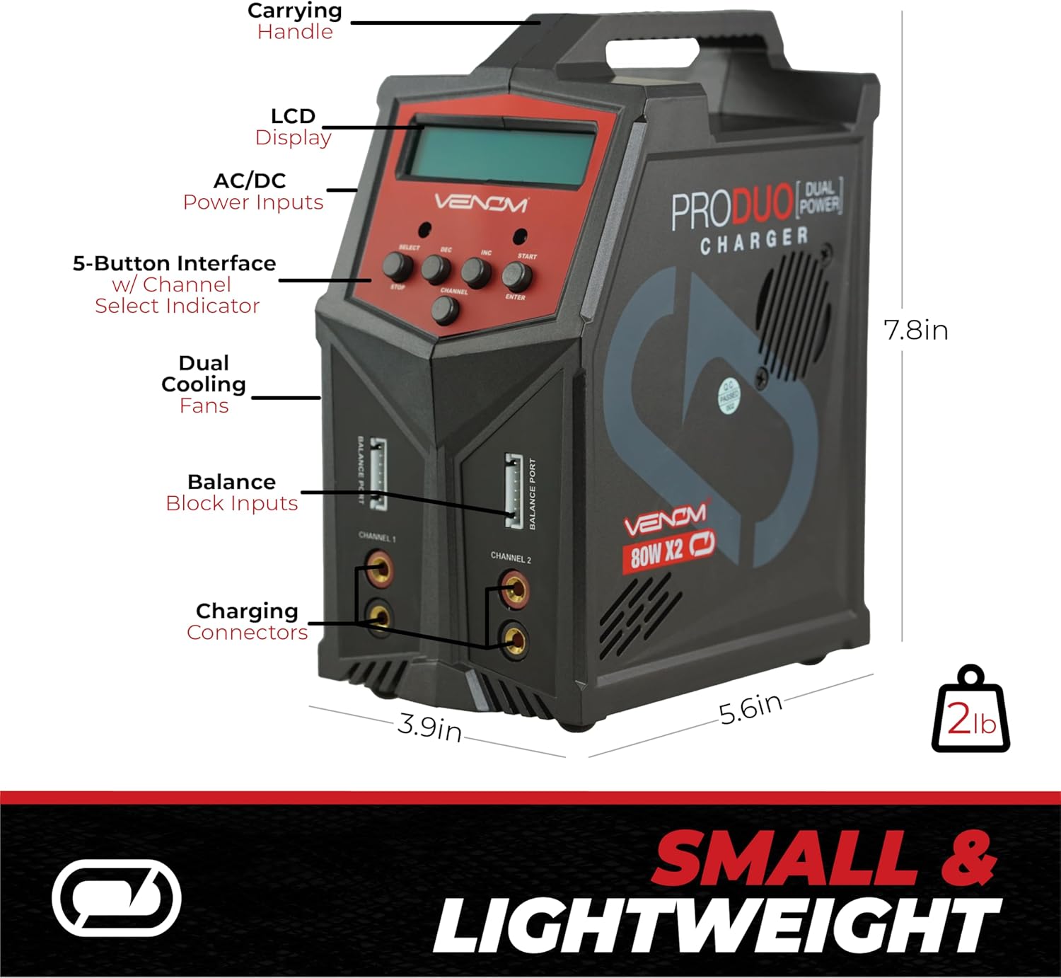 Venom Power Pro Duo LiPo Battery Charger - LCD Screen, Charging Leads - Balance Charger & Discharger for LiPo, LiHV, Li-Ion, Life, NiMH, NiCD, Pb Batteries - Power Supply for 1S- 6S, Drone & RC Cars