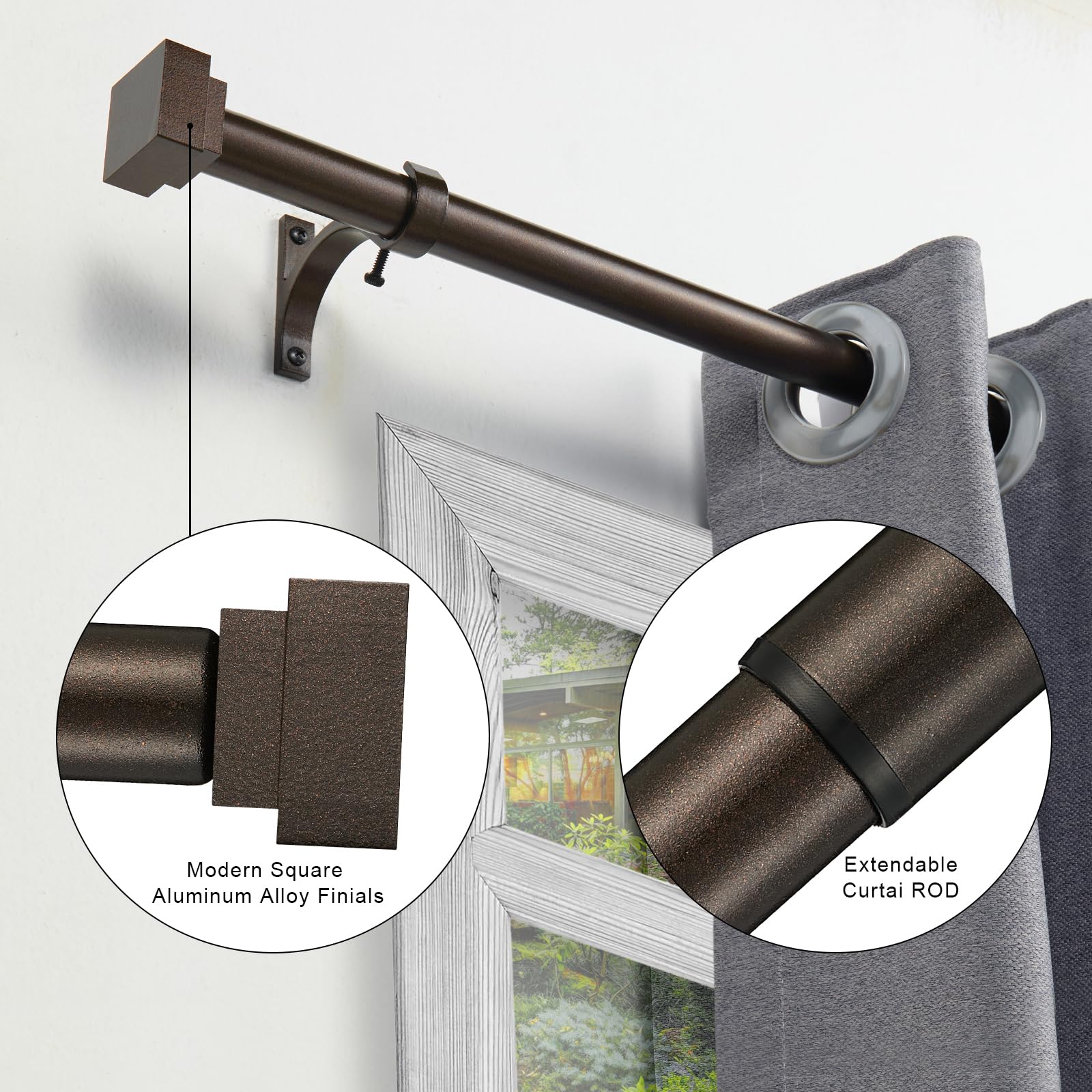 Single Curtain Rods for Windows 28 to 48 Inch(2.3-4ft),1 Inch Diameter Adjustable Heavy Duty Drapery Rods,with Modern Square Aluminum Alloy Finials,Antique Bronze