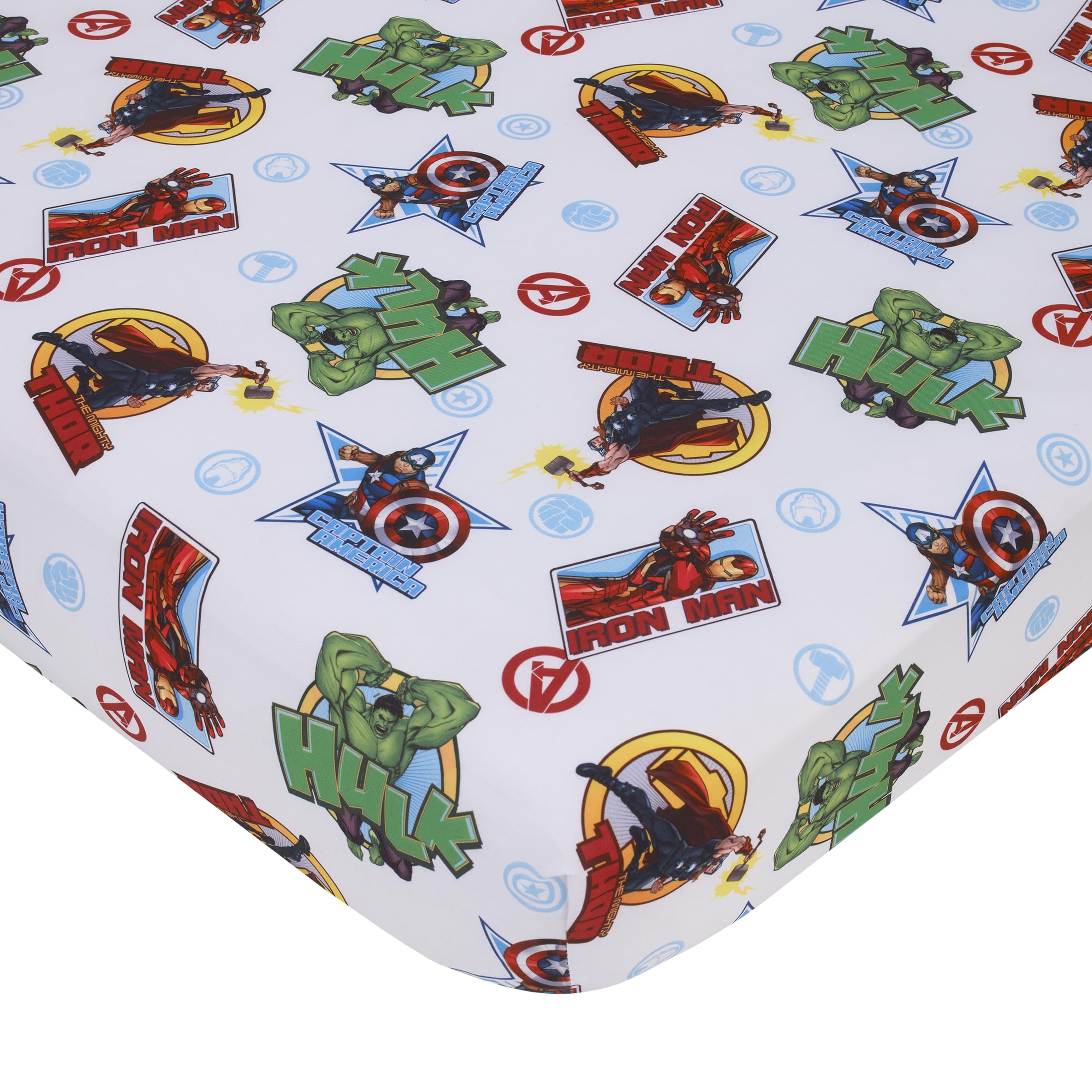NoJo Marvel The Avengers I Am A Hero Blue, Green, Red, and Yellow 4 Piece Toddler Bed Set - Comforter, Fitted Bottom Sheet, Flat Top Sheet, and Reversible Pillowcase