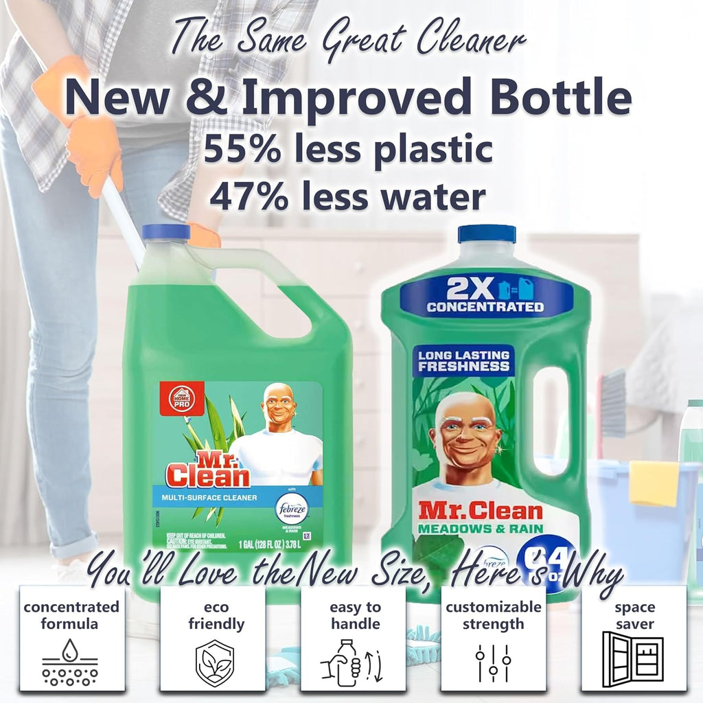 Mr Clean Multi Purpose Meadows Rain Liquid Cleaner Professional Household Non-Toxic Hardwood Floor Cleaner, 64 Ounce, New and Improved 2X Concentrated Solution, with NOIS Tissue Pack